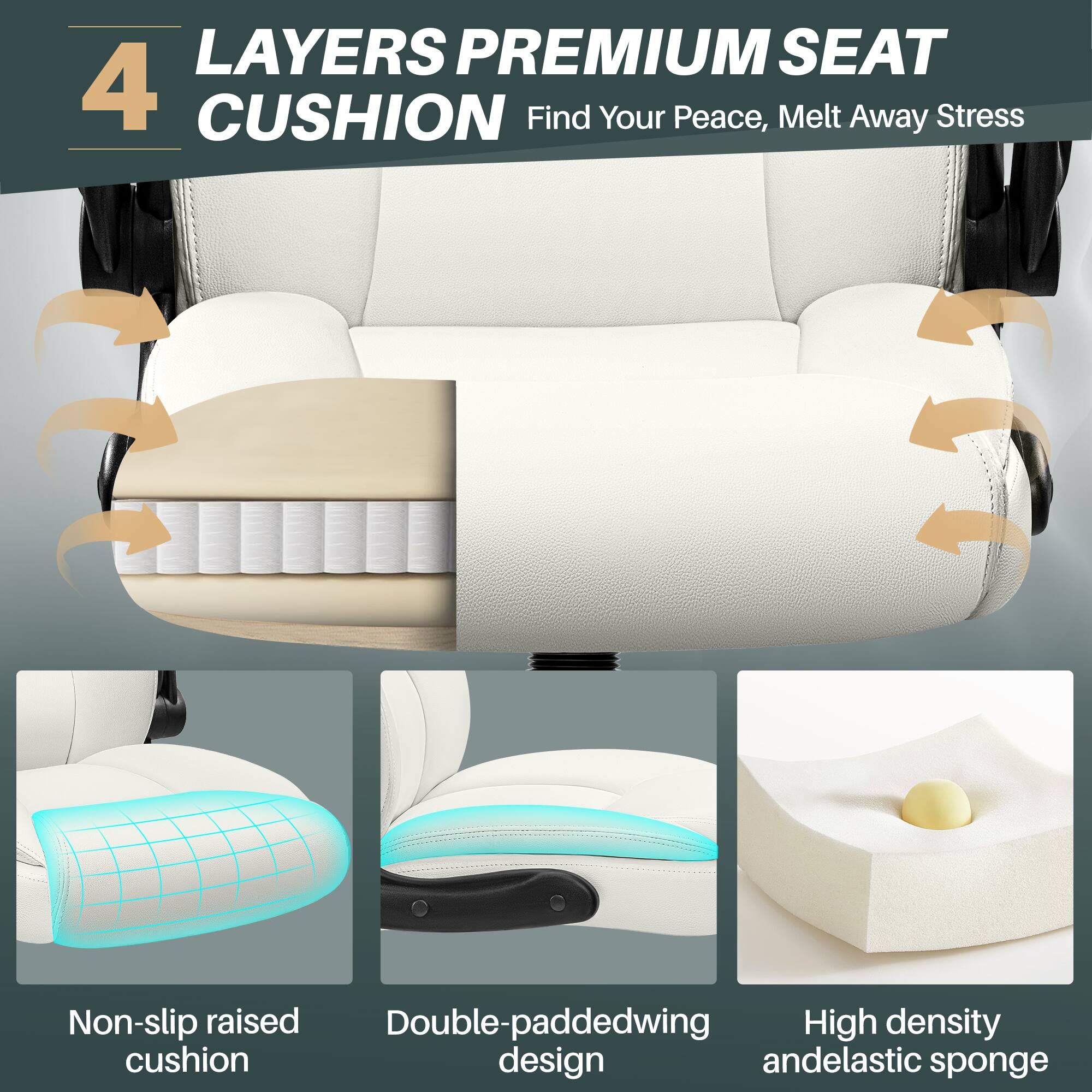 4 LAYERS PREMIUM SEAT CUSHION  
Find Your Peace, Melt Away Stress  

- Non-slip raised cushion  
- Double-paddedwing design  
- High density and elastic sponge