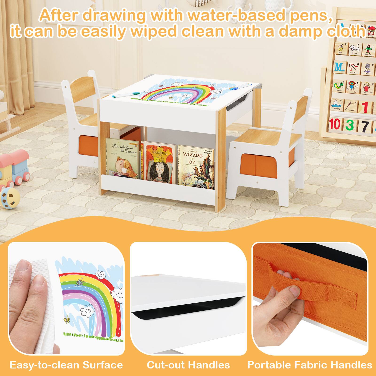 After drawing with water-based pens, it can be easily wiped clean with a damp cloth

M. S - 10 3 1 7 Lm & Sne MARCHEN - CON WIZARd m OZ. RIRA - tae

Easy-to-clean Surface
Cut-out Handles
Portable Fabric Handles