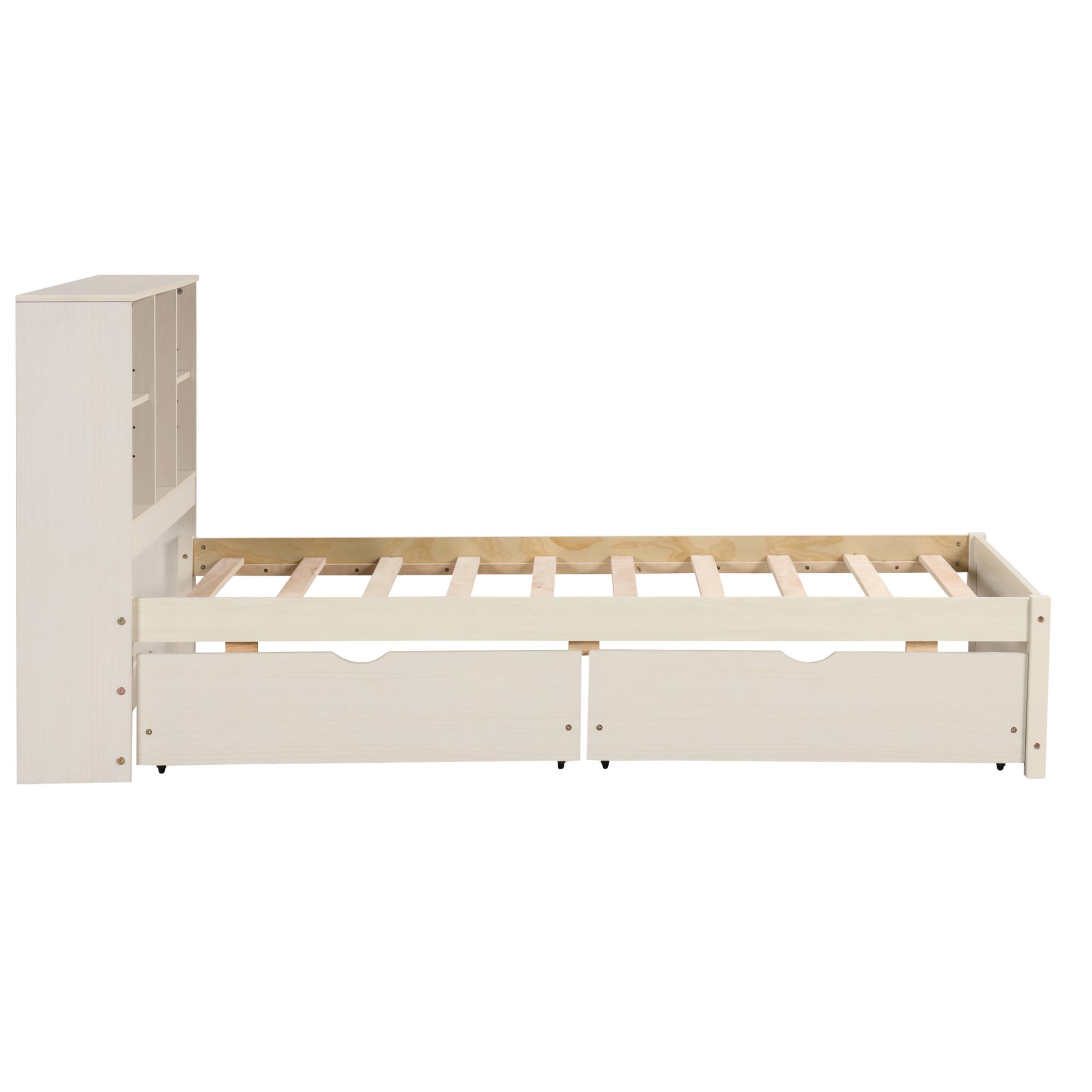 Alt View 6. GOODSILO - Contemporary Twin Size Bed Frame with USB Charging Port, Bookcase Headboard, and Underbed Storage Drawers - White Washed.