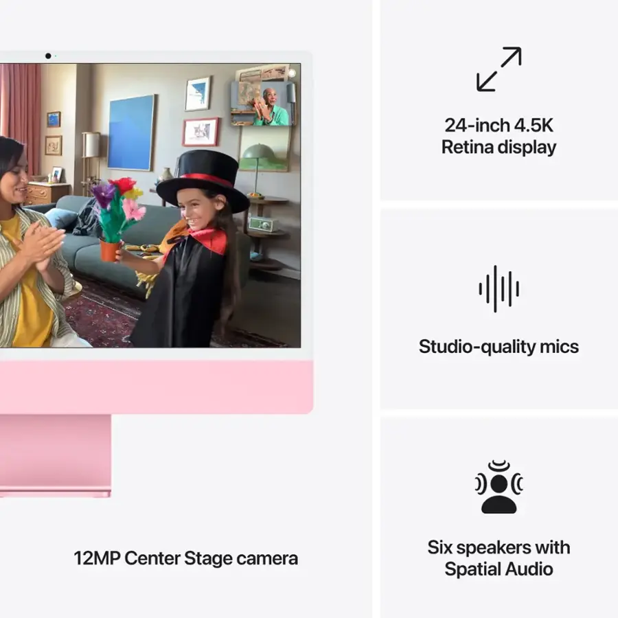 The text on the image can be grouped as follows:

1. Display: 24-inch 4.5K Retina display
2. Audio: Studio-quality mics, six speakers with Spatial Audio
3. Camera: 12MP Center Stage camera

The text is correct, and the grouped text is as follows:

1. Display: 24-inch 4.5K Retina display
2. Audio: Studio-quality mics, six speakers with Spatial Audio
3. Camera: 12MP Center Stage camera