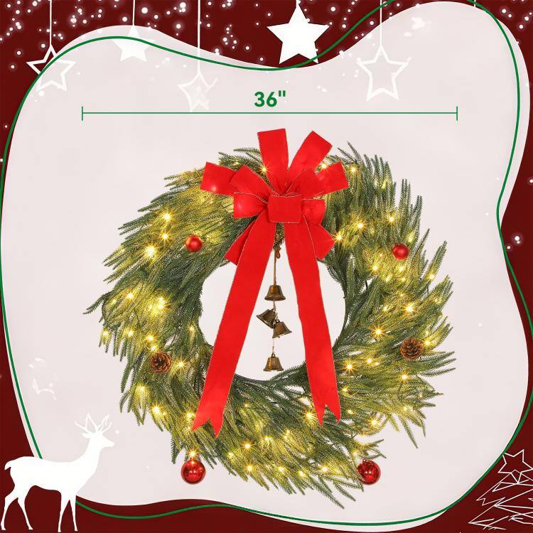 Alt View 3. PULUZ - 36 Inch Christmas Wreath for Front Door with LED Lights, Prelit Christmas Wreath with 8 Modes and Ornaments - Green.