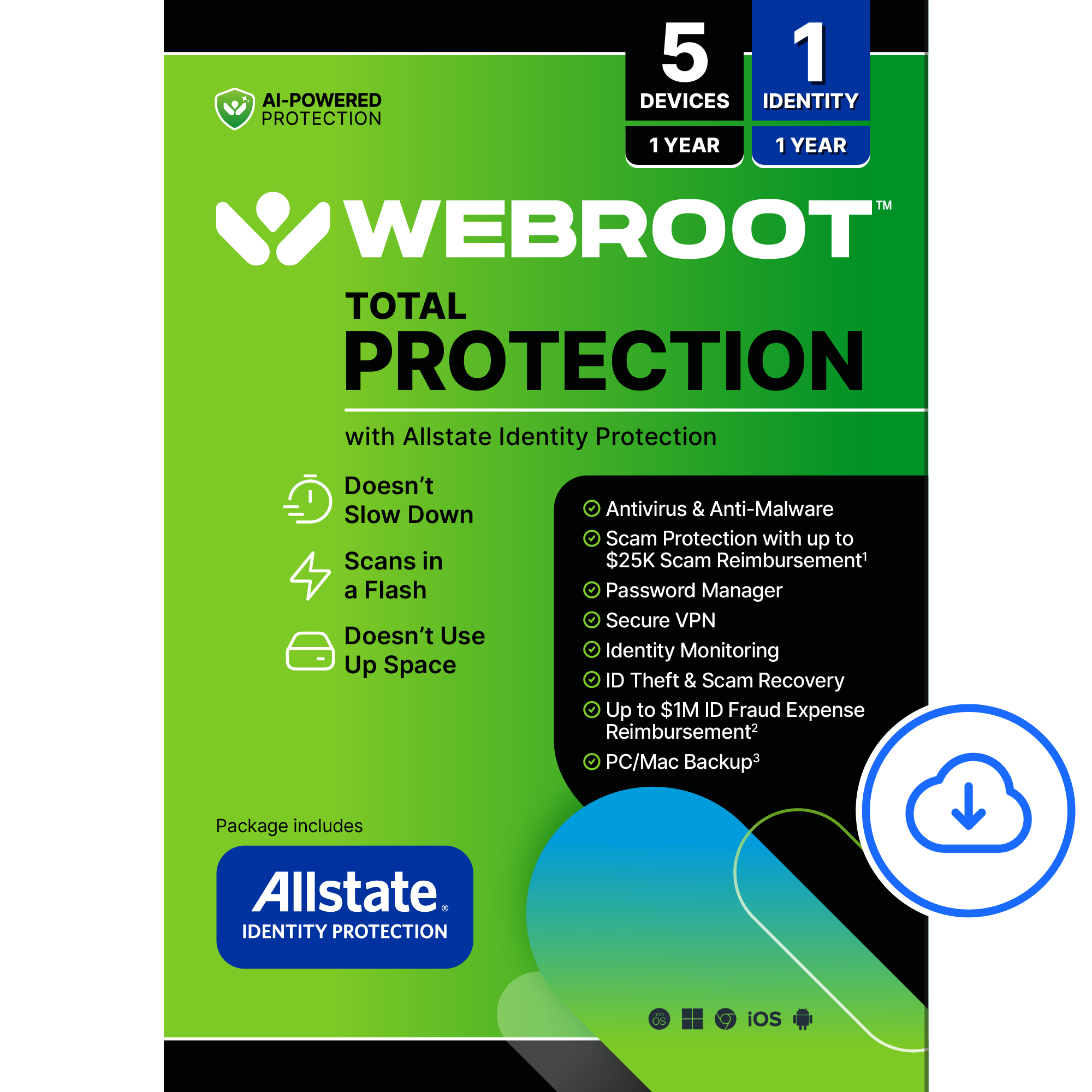 Webroot - Total Protection (5 Device) with Allstate Identity Protection (1 Identity) (1-Year Subscription) [Digital] - Android, Apple iOS, Chrome, Mac OS, Windows [Digital]