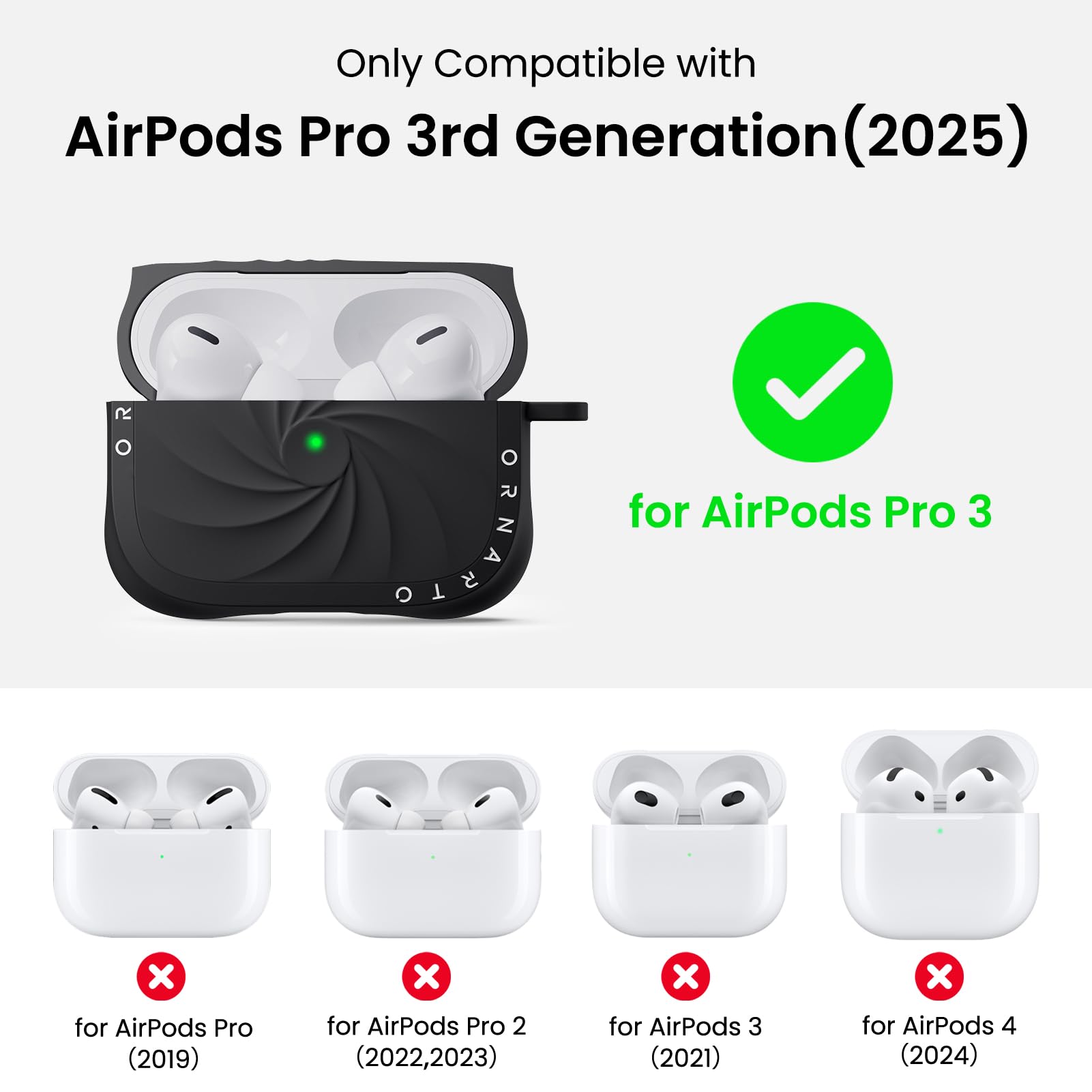 Only Compatible with  
AirPods Pro 3rd Generation (2025)  
for AirPods Pro 3  
for AirPods Pro (2019)  
for AirPods Pro 2 (2022, 2023)  
for AirPods 3 (2021)  
for AirPods 4 (2024)