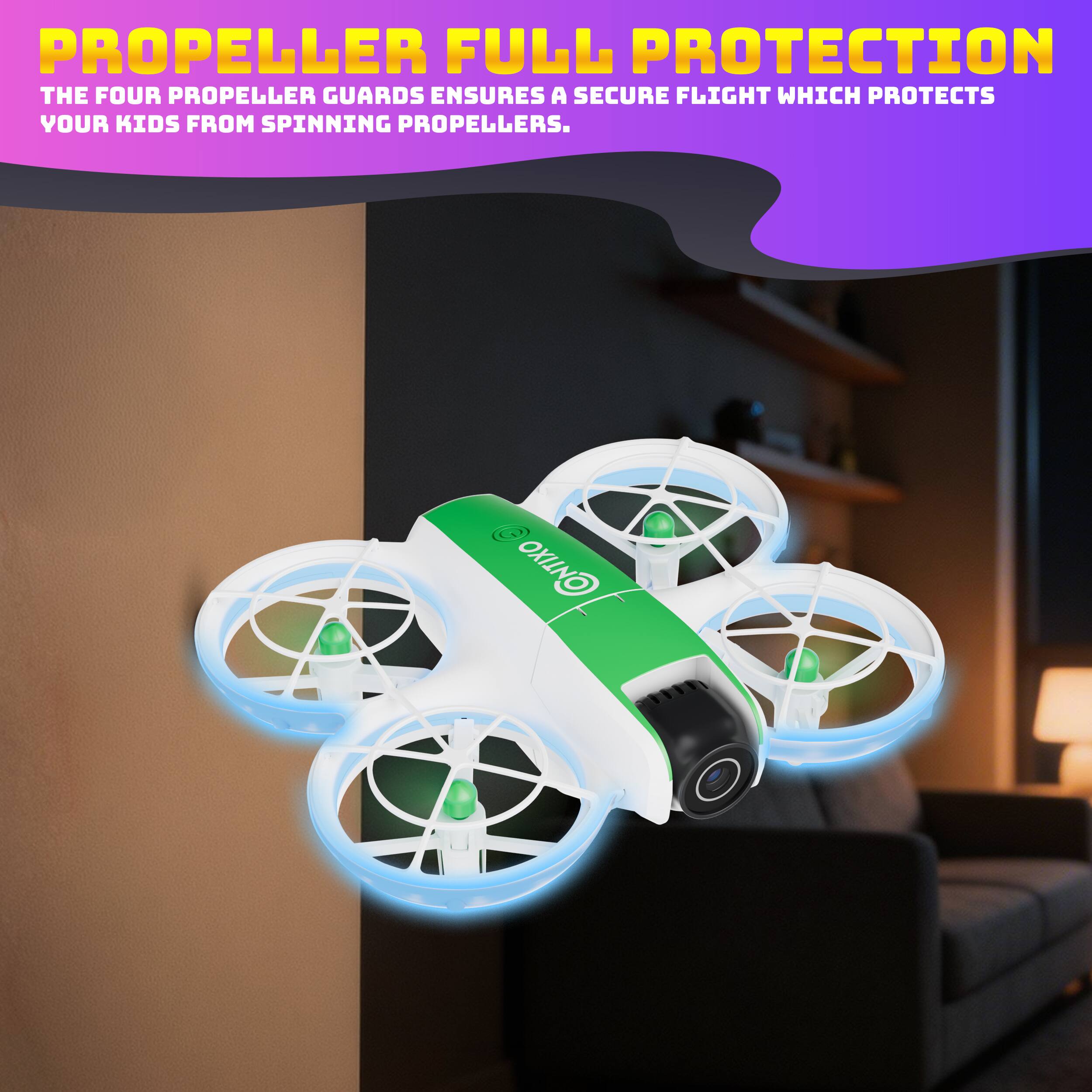 PROPELLER FULL PROTECTION  
THE FOUR PROPELLER GUARDS ENSURES A SECURE FLIGHT WHICH PROTECTS YOUR KIDS FROM SPINNING PROPELLERS.