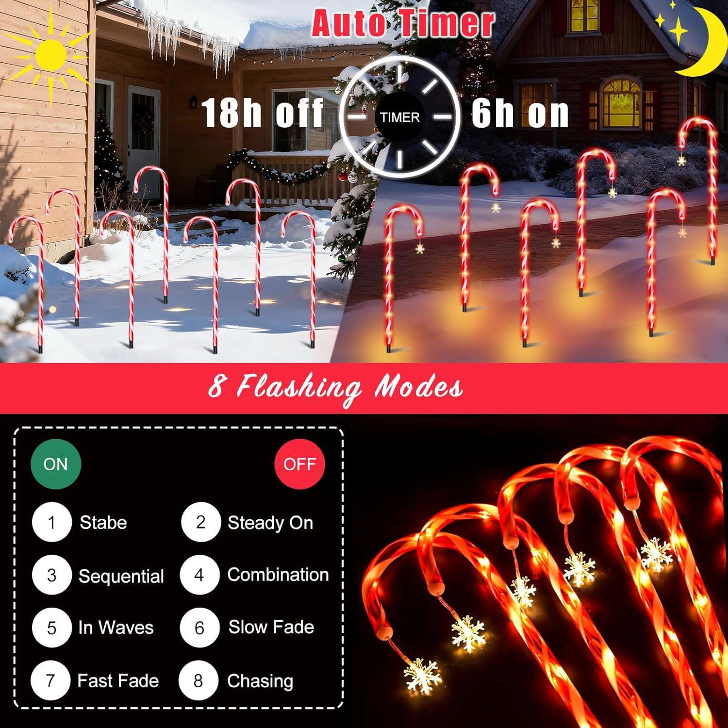 Auto Timer  
18h off  
TIMER  
6h on  

8 Flashing Modes  
ON  
1. Stabe  
2. Steady On  
3. Sequential  
4. Combination  
5. In Waves  
6. Slow Fade  
7. Fast Fade  
8. Chasing  
OFF