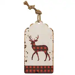BreeBe - *Distressed Metal Buffalo Check Deer Hanging Tag - Red, Black