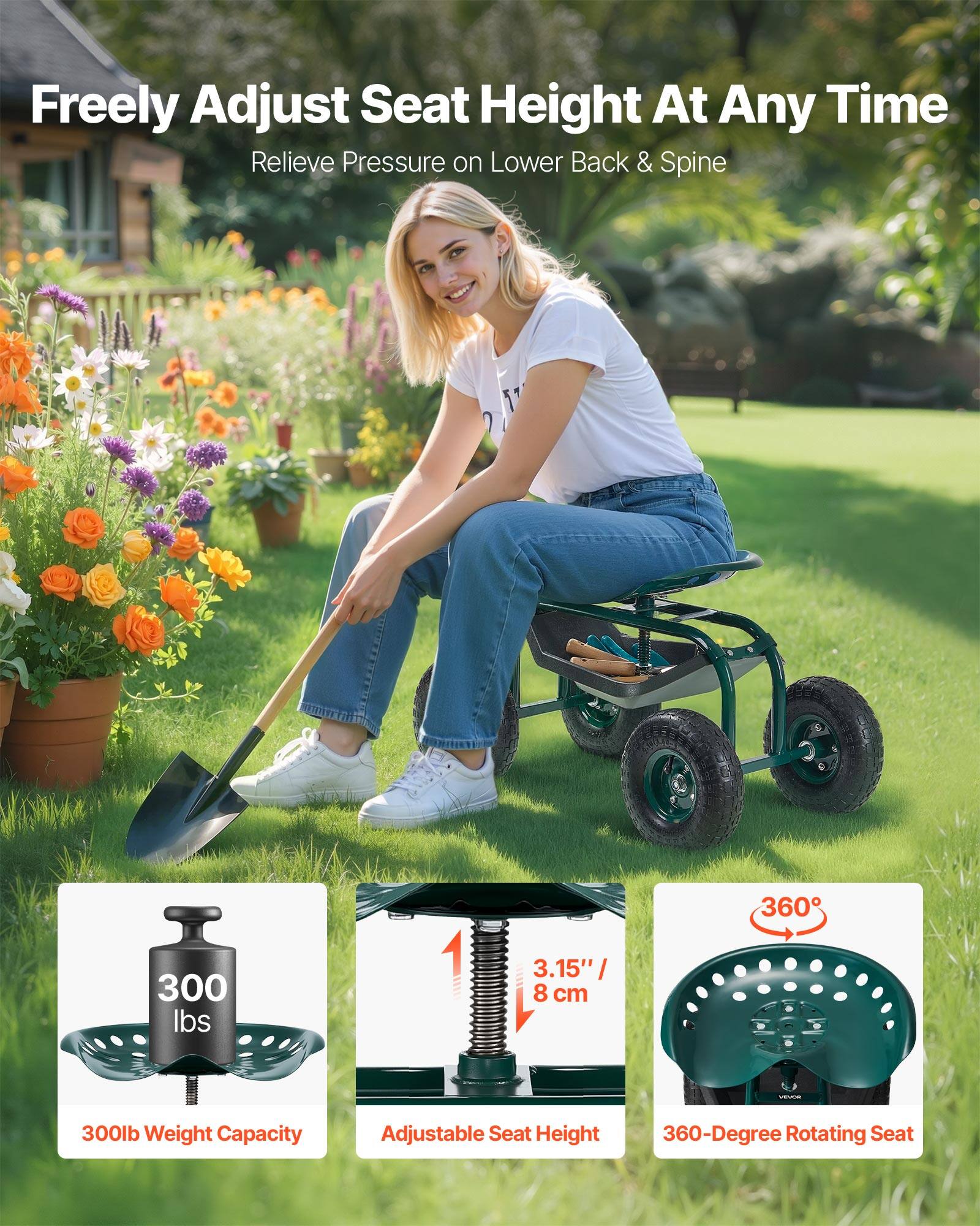 Freely Adjust Seat Height At Any Time, Relieve Pressure on Lower Back & Spine, 300 lbs, 3.15" / 8 cm, Adjustable Seat Height, 360-Degree Rotating Seat