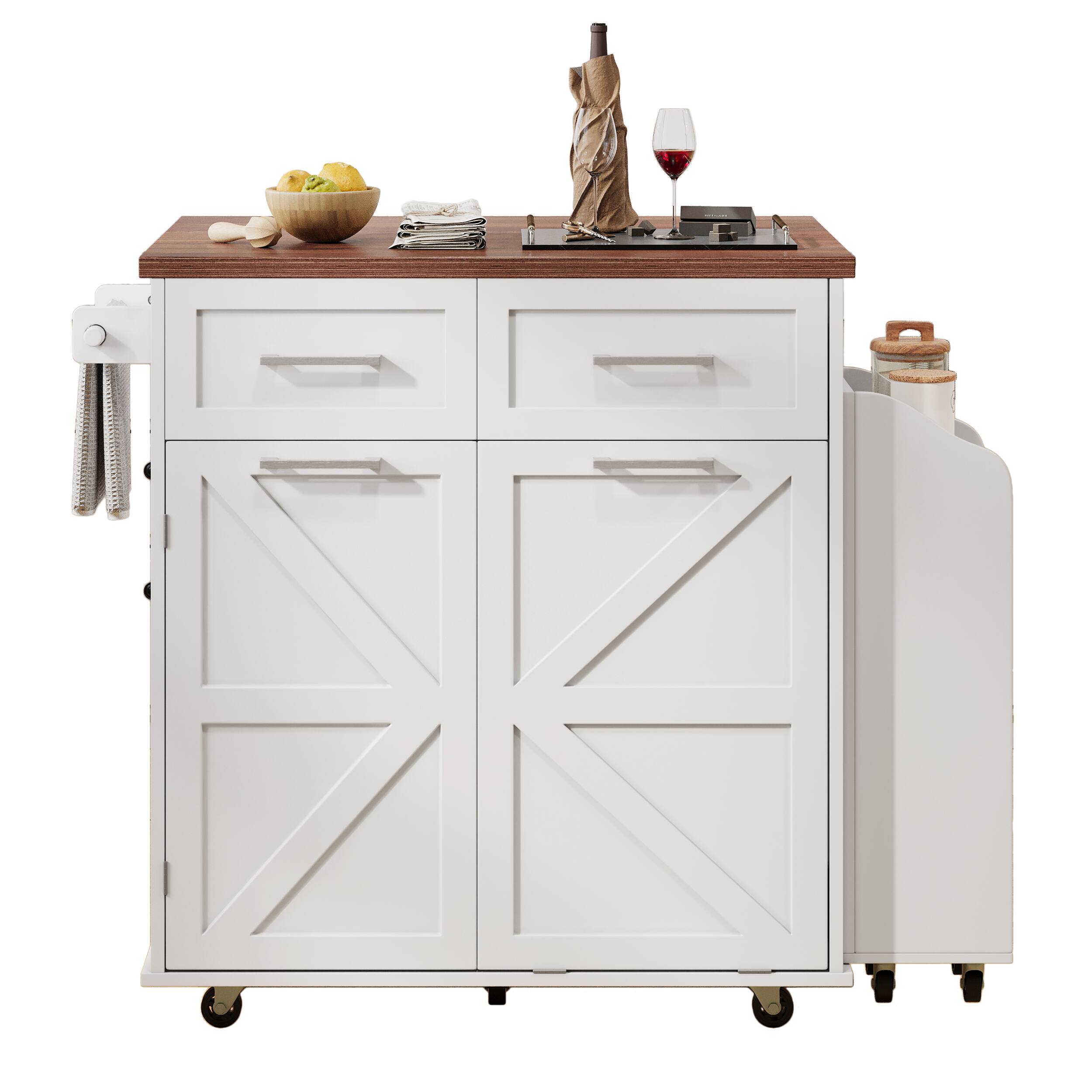Alt View 8. GOODSILO - 47.2"" Farmhouse Kitchen Island with Drop Leaf, Rolling Kitchen Cart, Storage, Drawers & Towel Rack - White.
