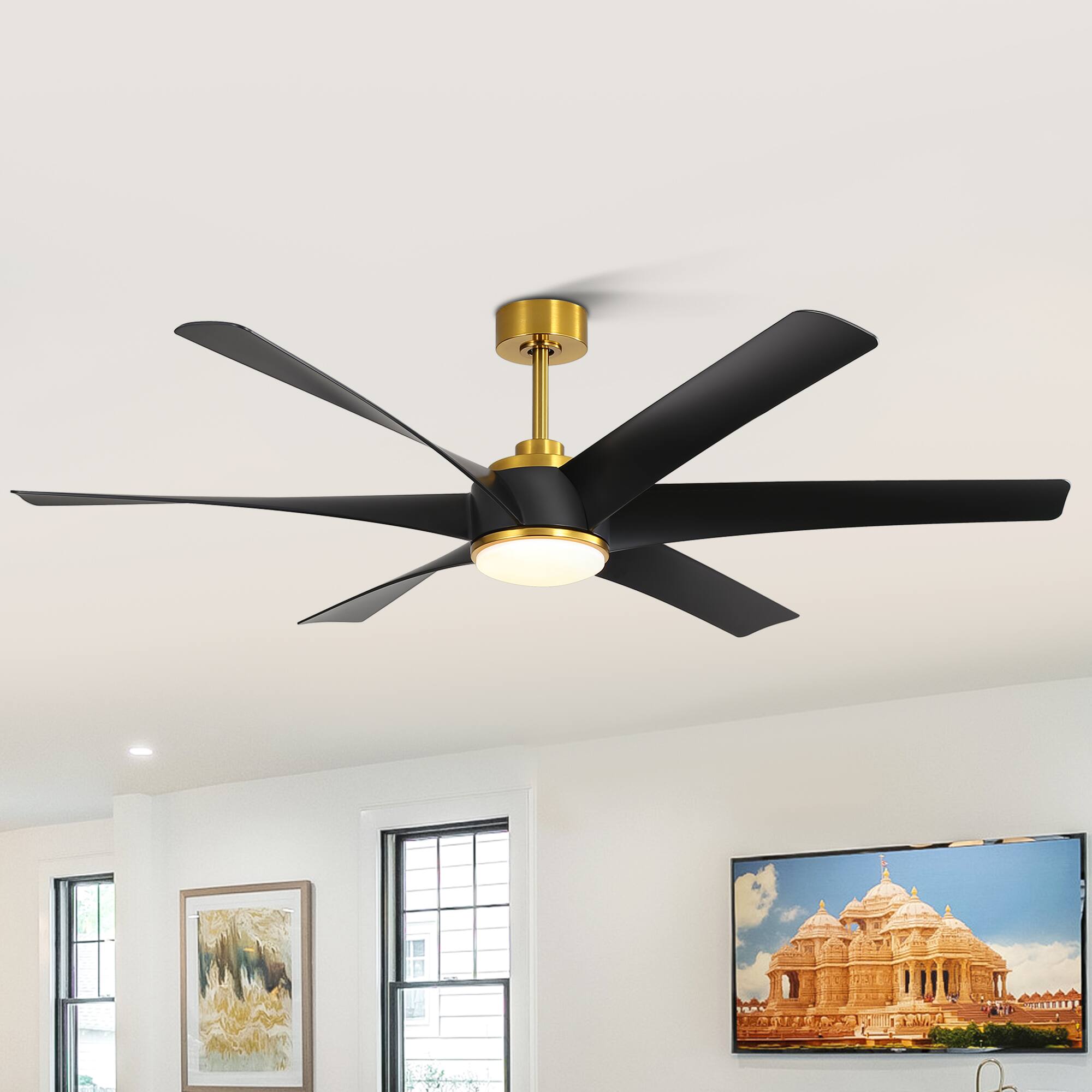 Alt View 1. Breezary - 65" Large Indoor Ceiling Fan with Remote Control, 6 ABS Blades, 6-Speed DC Motor, 7"/12" Downrods, Light/No Light Option - Gold and Black (With Light).