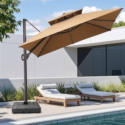 Alt View 6. Crestlive Products - Crestlive Products 11x11ft Aluminum Double Top Crank Cantilever Patio Umbrella with Base - Brown.