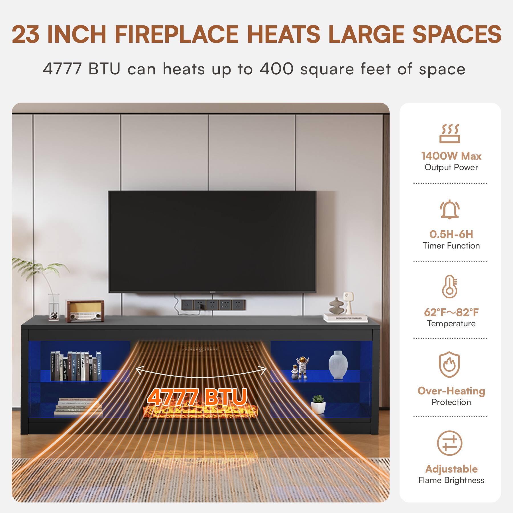 23 INCH FIREPLACE HEATS LARGE SPACES

4777 BTU can heats up to 400 square feet of space

1400W Max Output Power

0.5H-6H Timer Function

62°F~82°F Temperature

Over-Heating Protection

Adjustable Flame Brightness