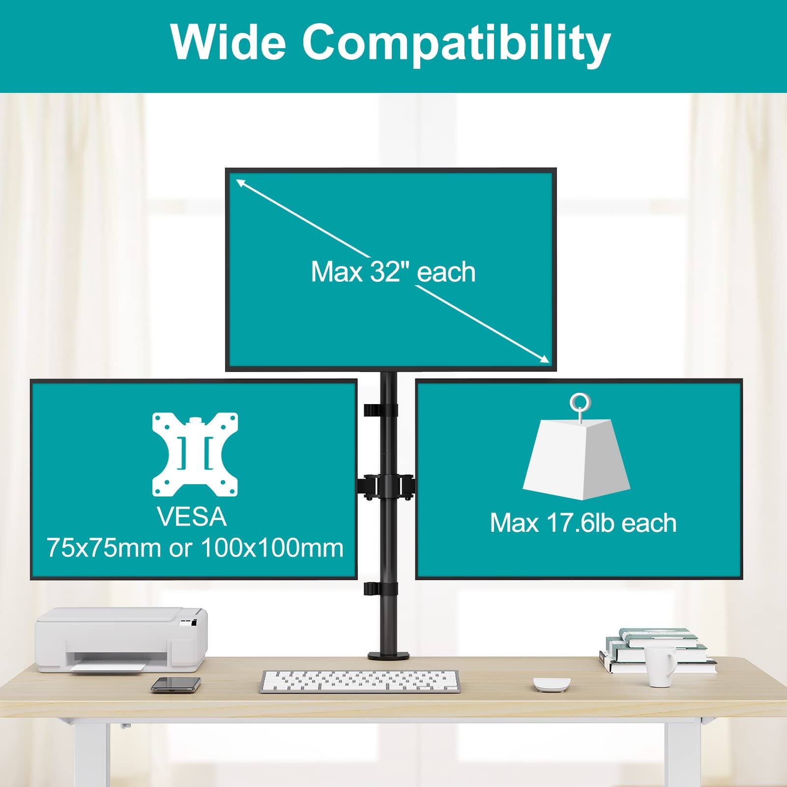 Wide Compatibility

- Max 32" each
- VESA 75x75mm or 100x100mm
- Max 17.6lb each