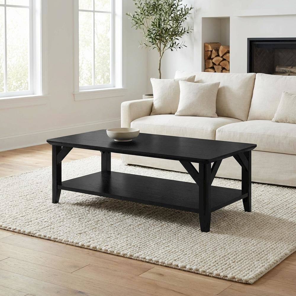 Back. FurniFact - Black Coffee Table with Shelf and Sturdy Wood Construction for Living Room Use - Black.
