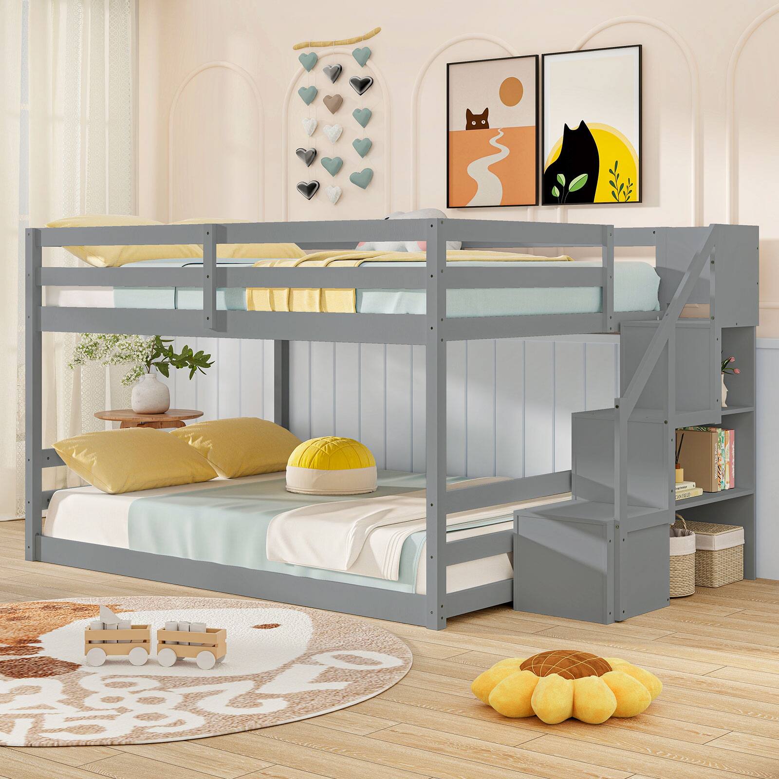 Alt View 1. Costway - Costway Full Over Full Low Bunk Bed with Storage Stairs with Full-length Guardrails - Gray.