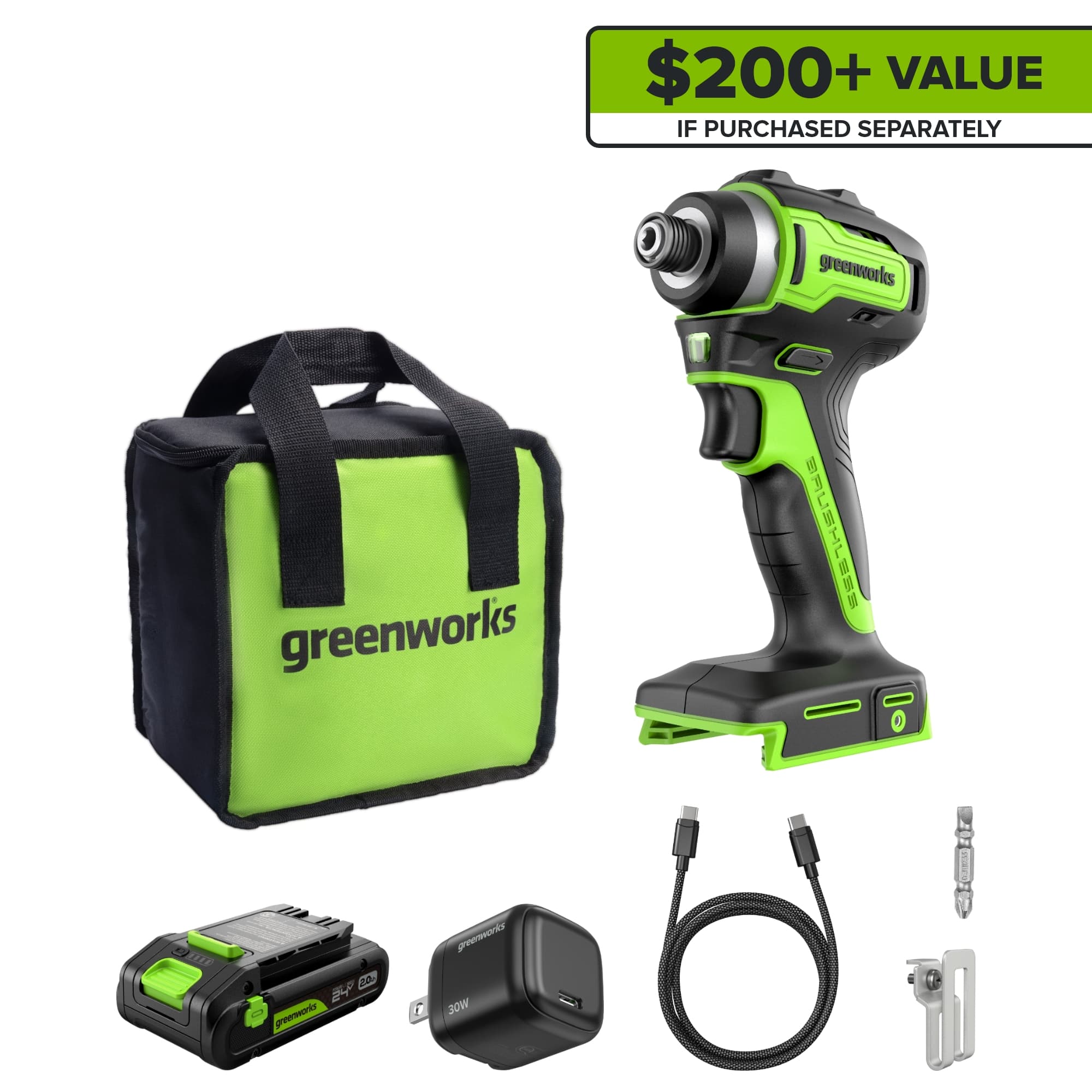 Greenworks - 24V Cordless Brushless 1950 in-lbs Impact Driver, with 2.0Ah USB-C Battery and Charger - Green