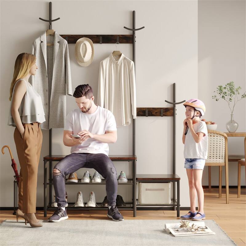 Alt View 1. ALEXOUN - Multi- Heavy-Duty Rolling Garment Rack - 3 Tiers, Adjustable Wire Shelving,Clothes Rack with 2 Rods & Hooks for Clothing - Brown.