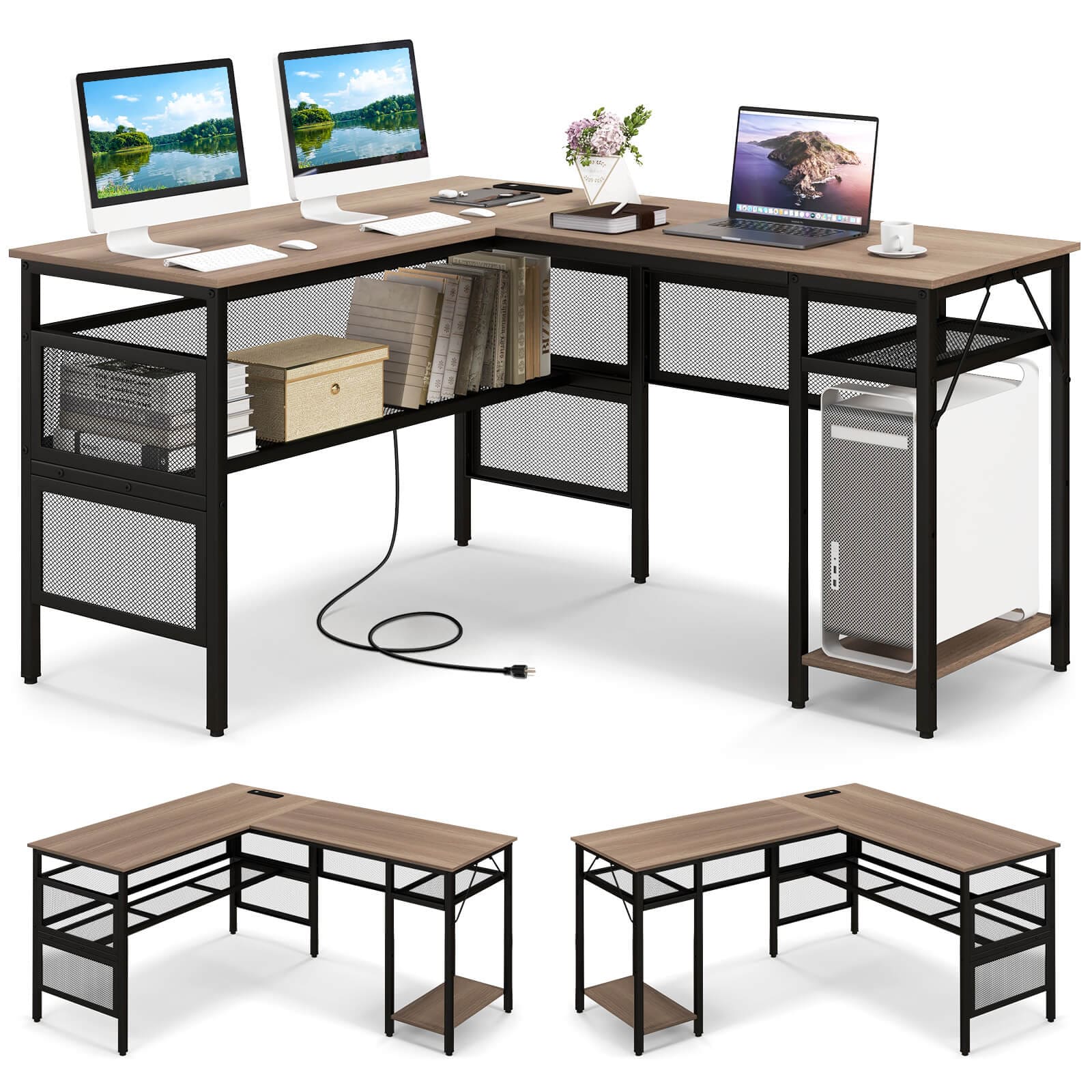 Costway - Reversible L-Shaped Computer Desk with Charging Station Adjustable Shelf CPU Stand - Gray