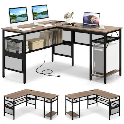 Front. Costway - Costway Reversible L-Shaped Computer Desk with Charging Station Adjustable Shelf CPU Stand - Grey.