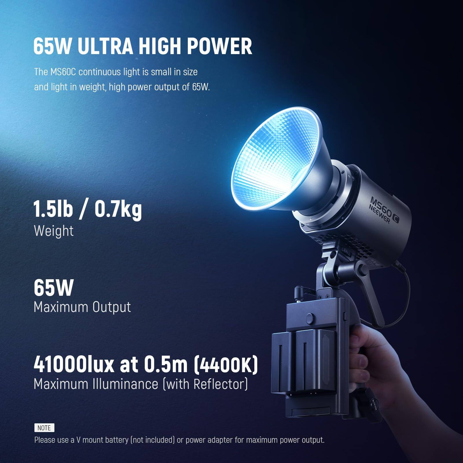 65W ULTRA HIGH POWER

The MS60C continuous light is small in size and light in weight, high power output of 65W.

1.5lb / 0.7kg
Weight

65W
Maximum Output

41000lux at 0.5m (4400K)
Maximum Illuminance (with Reflector)

NOTE
Please use a V mount battery (not included) or power adapter for maximum power output.