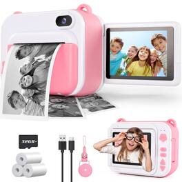 Wisairt - Kids Instant Print Camera, 1080P Toy Camera with 2.4" Flip Screen, 32GB Card & 3 Paper Rolls - Pink