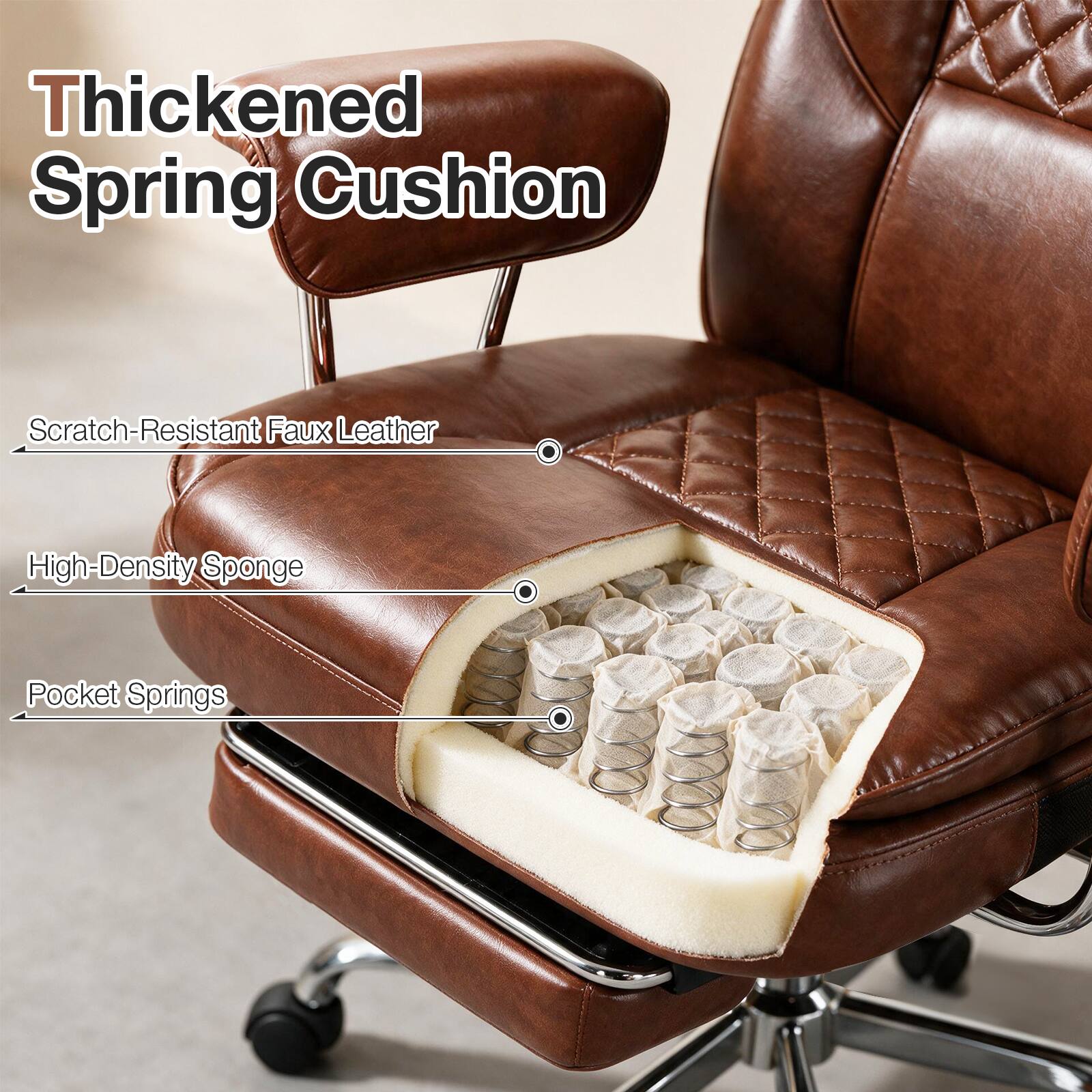 Thickened Spring Cushion  
Scratch-Resistant Faux Leather  
High-Density Sponge  
Pocket Springs