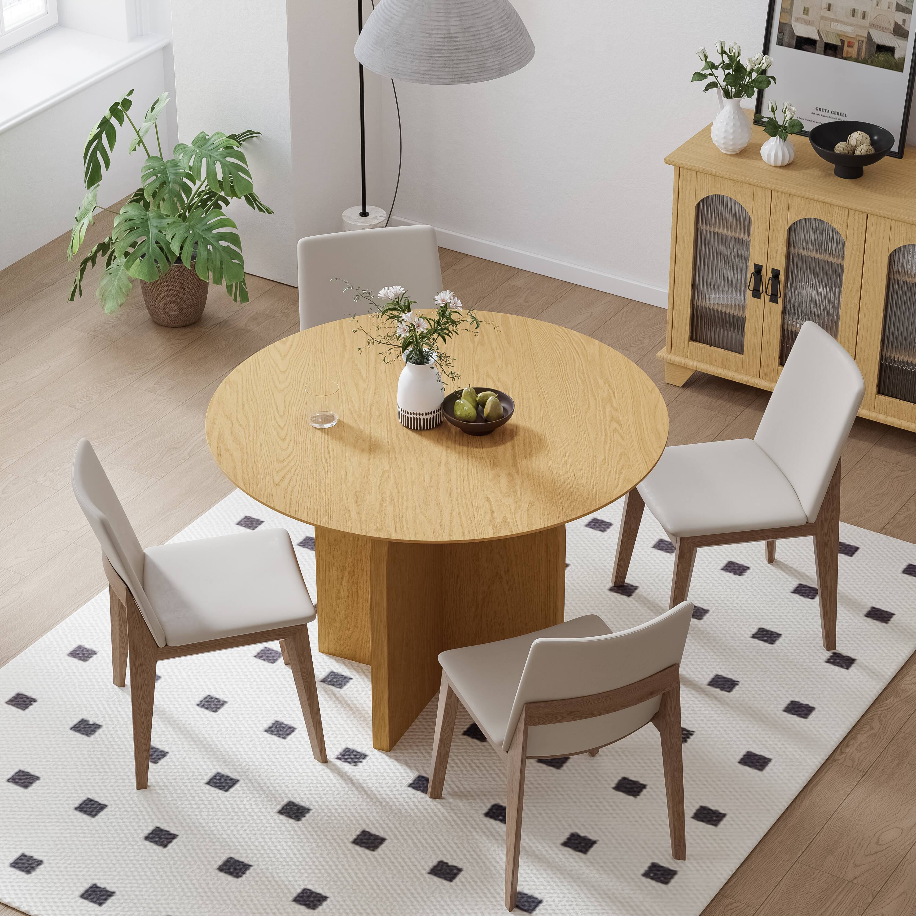 Alt View 2. Lirago - 42in. Arched Leg Round Dining Table Natural Finish Solid Wood Timeless Style,Seats 6 People - Beige.