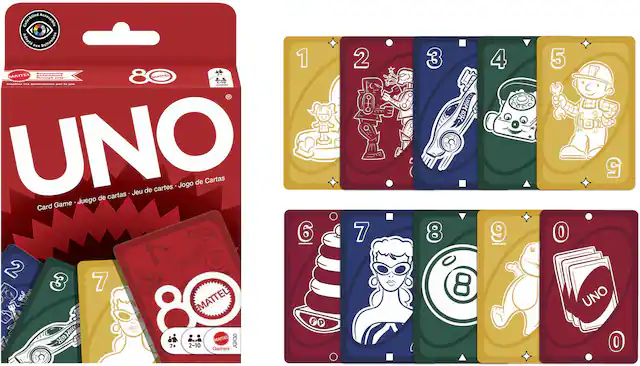Sure, here is the corrected and grouped text from the image:
---
**UNO**
Card Game • Juego de cartas • Jeu de cartes • Jogo de Cartas
MATTEL
80th Anniversary
Colorblind Accessible
Adapted for Colorblind Players
MATTEL
Games
2-10 Players
7+
UNO
Card Game • Juego de cartas • Jeu de cartes • Jogo de Cartas
MATTEL
Games
2-10 Players
7+
UNO
Card Game • Juego de cartas • Jeu de cartes • Jogo de Cartas
MATTEL
Games
2-10 Players
7+
UNO
Card Game • Juego de cartas • Jeu de cartes • Jogo de Cartas
MATTEL
Games
2-10 Players
7+
UNO
Card Game • Juego de cartas • Jeu de cartes • Jogo de Cartas
MATTEL
Games
2-10 Players
7+
UNO
Card Game • Juego de cartas • Jeu de cartes • Jogo de Cartas
MATTEL
Games
2-10 Players