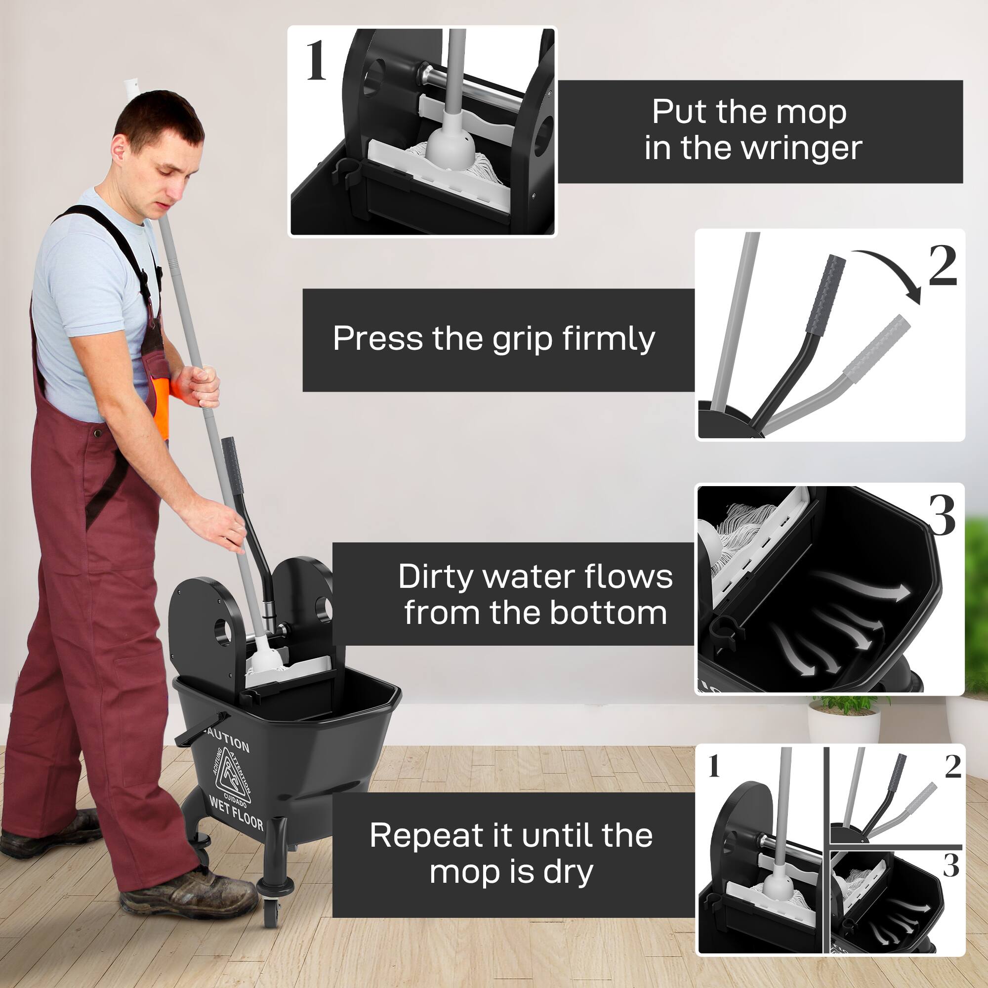 1 Put the mop in the wringer
2 Press the grip firmly
3 Dirty water flows from the bottom
4 Repeat it until the mop is dry
