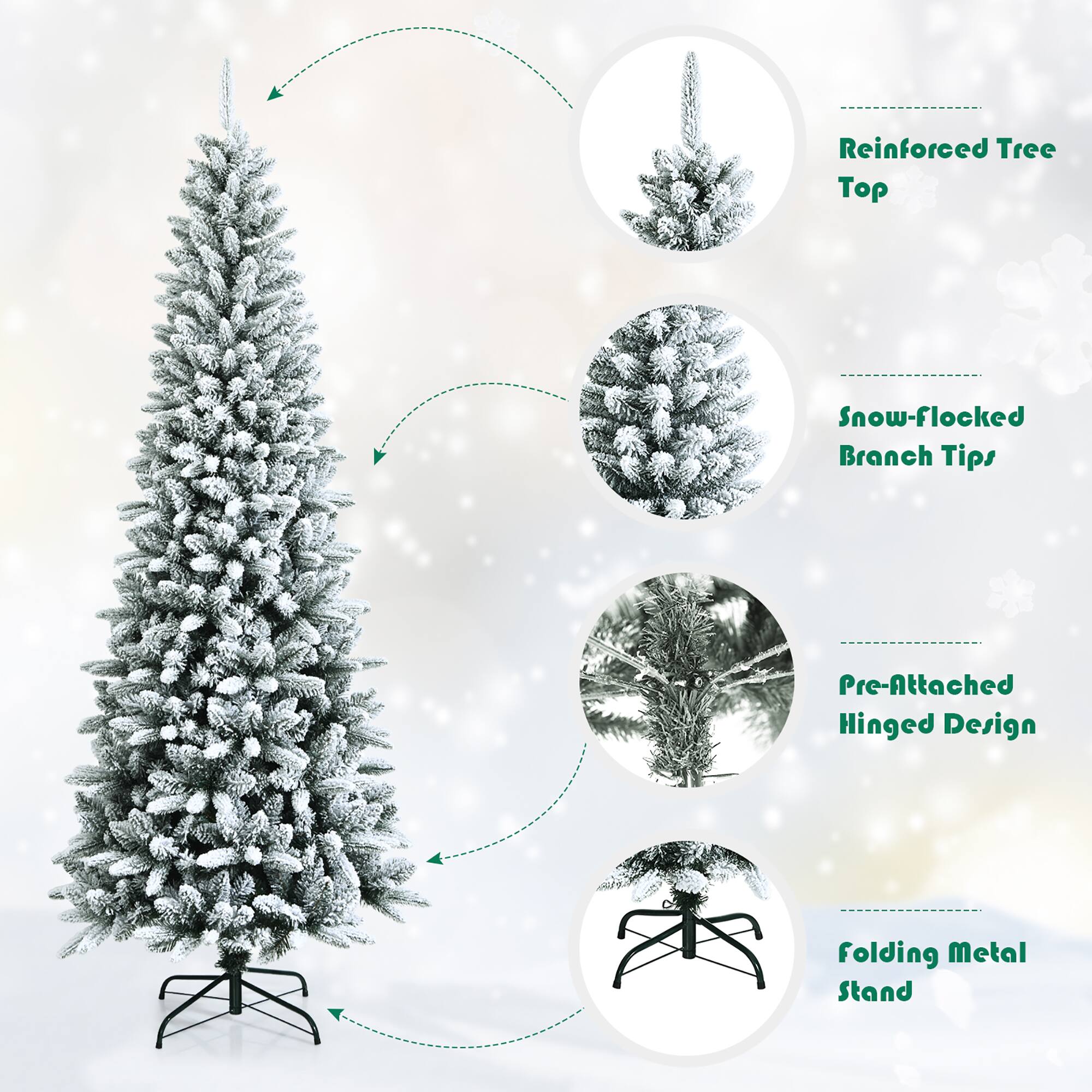 The image shows a Christmas tree with various descriptions and labels around it. The tree is described as a reinforced tree top, snow-flocked, and having branch tips. It also features a pre-attached hinged design and a folding metal stand. The tree is displayed in a snowy environment, adding to its festive appearance.