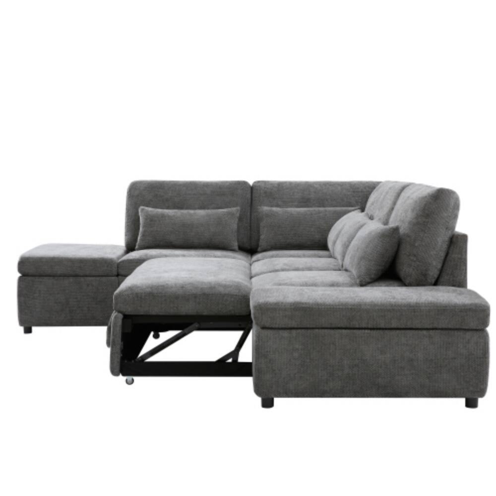 Alt View 6. LUCKY ONE - 107" L-Shape Pull-Out Sleeper Sectional Sofa Bed w/ USB Type-C Storage Ottoman - Gray.