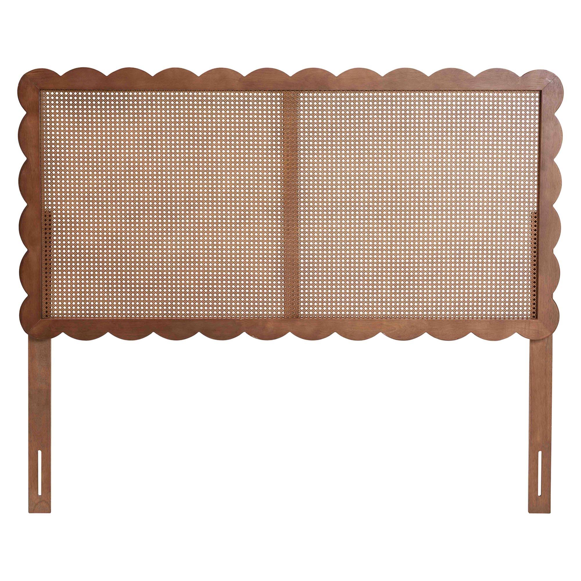 Angle. Baxton Studio - Orianthe Scalloped Headboard - Boho Chic Bed Backrest with Cane Woven Panel, Modern Minimalist Bedroom Décor, Queen Size - Walnut Brown.