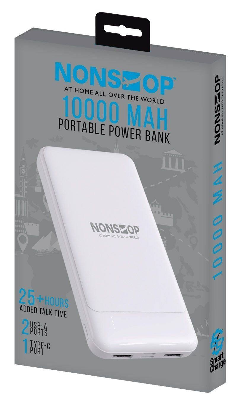 NONSOP  
AT HOME ALL OVER THE WORLD  
10000 MAH  
PORTABLE POWER BANK  

25+ HOURS ADDED TALK TIME  
2 USB-A PORTS  
1 TYPE-C PORT  

Smart Charge