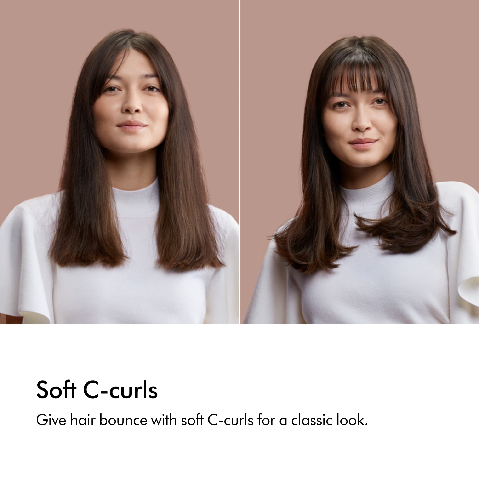 Soft C-curls give hair bounce with soft C-curls for a classic look.