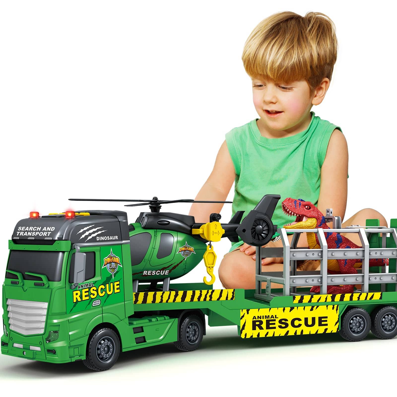 EZTW1 - Toys For Truck With Racing Car And Helicopter Friction Vehicle Lights Sounds IN 1Truck Toy This great value truck - Dinosaur Truck