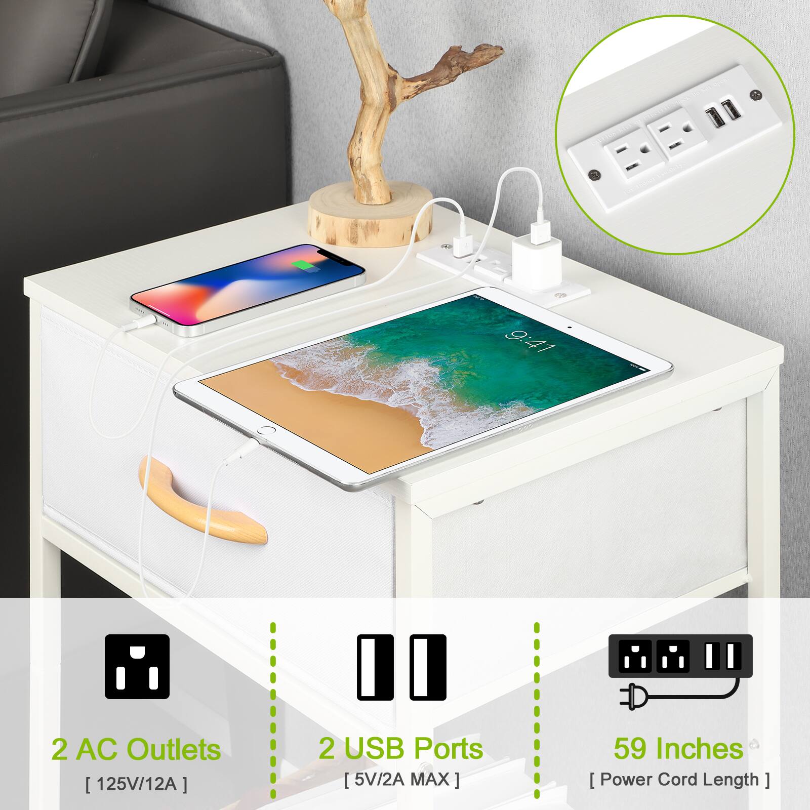 9:41

2 AC Outlets [125V/12A]

2 USB Ports [5V/2A MAX]

59 Inches [Power Cord Length]