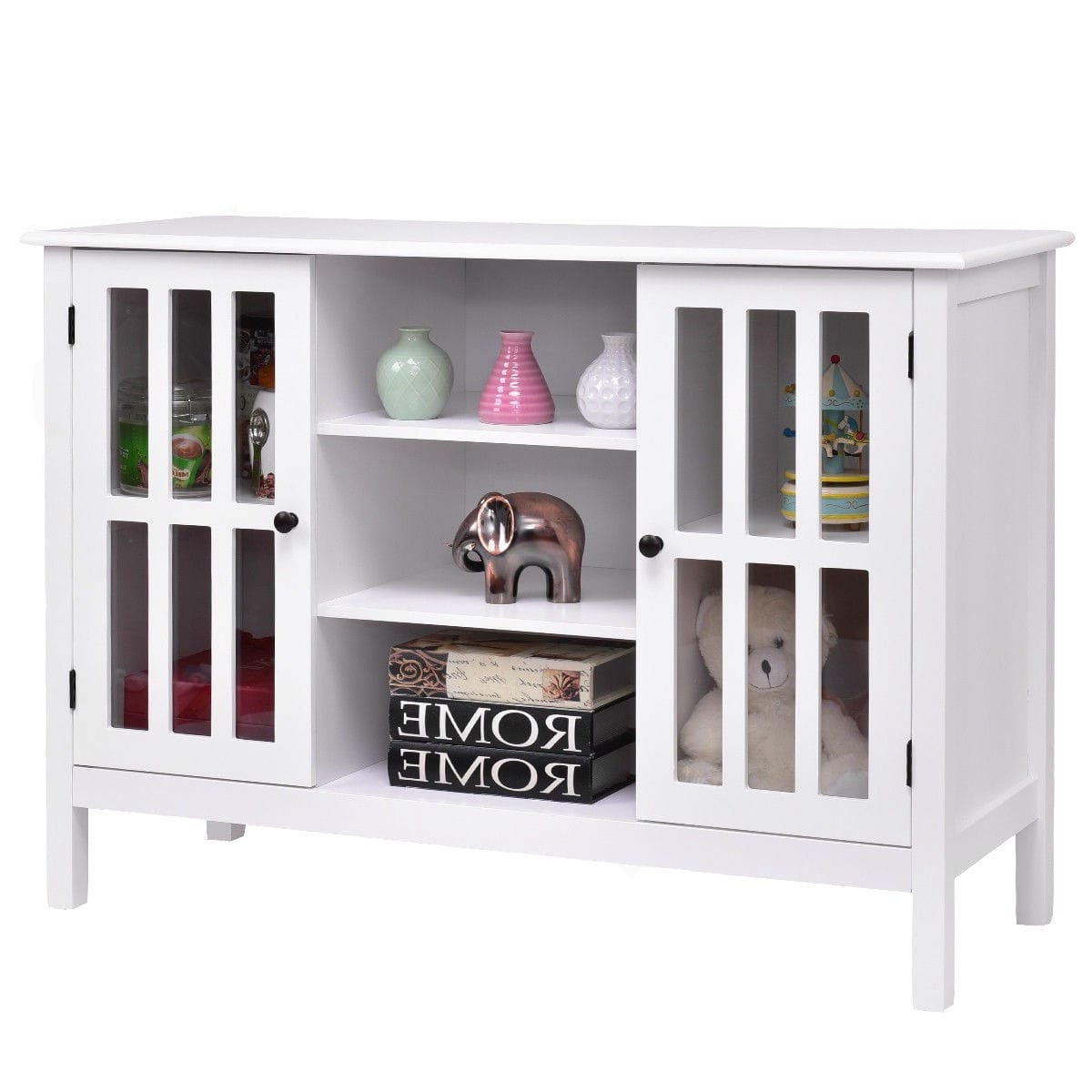 SlickBlue - Wood Console Cabinet with Tempered Glass Doors, Brown Finish - White