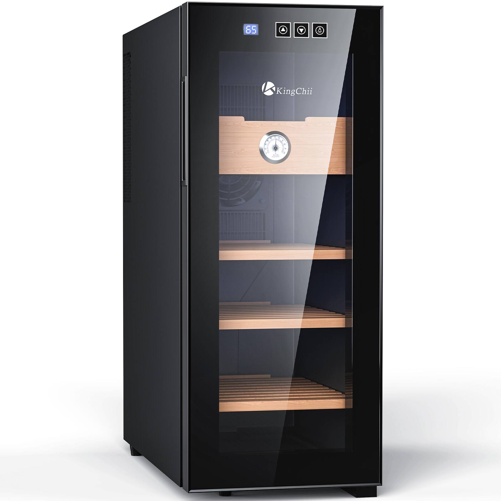 Angle. KingChii - 33L Thermoelectric Cigar Humidor Storage Cabinet with Temp Control, Spanish Cedar Shelves and Hygrometer(250 Capacity) - Black.