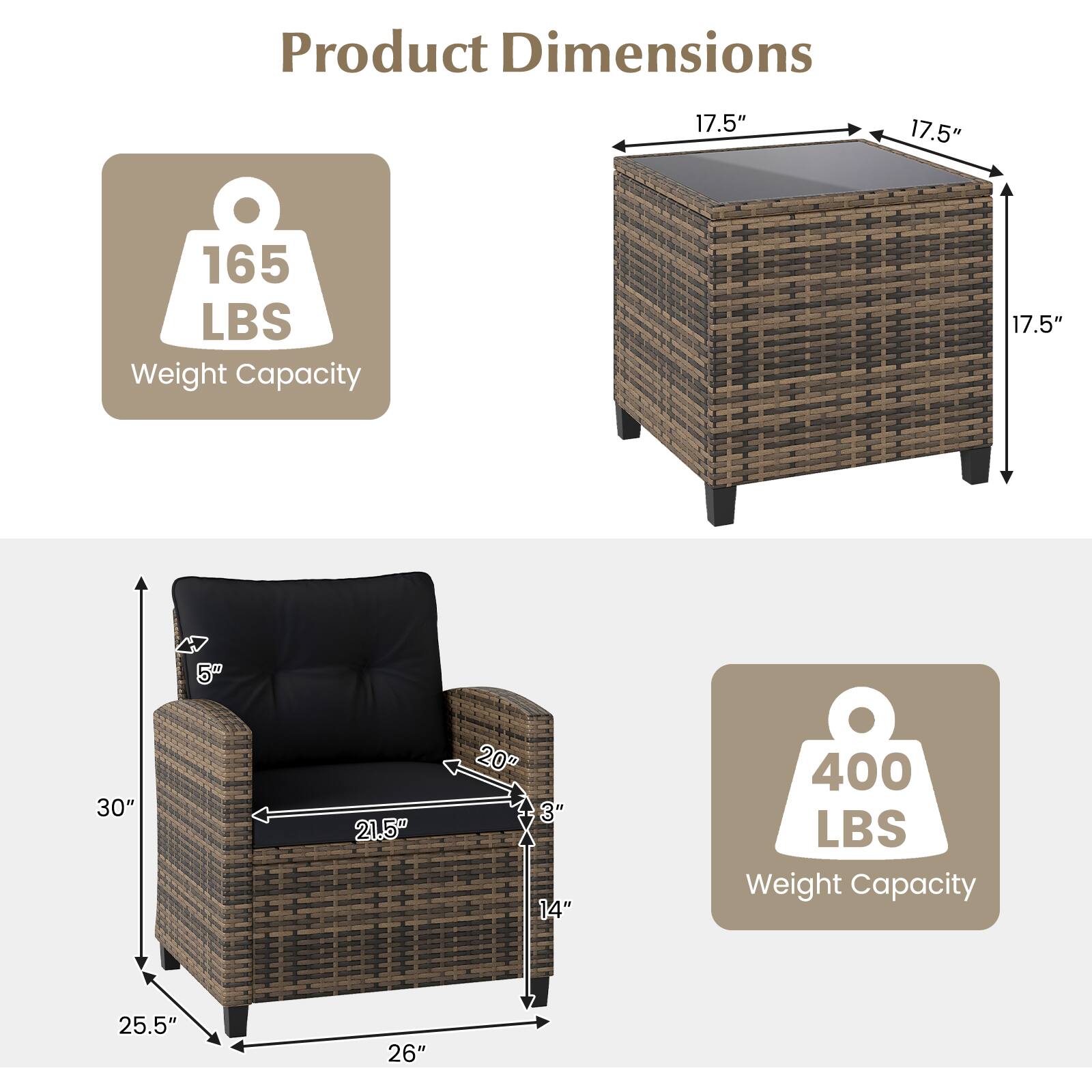 Product Dimensions

17.5" x 17.5" x 17.5" (Box)
5" x 20" x 30" x 21.5" x 20" x 3" x 14" (Chair)
25.5" x 26" (Chair)

Weight Capacity

165 LBS (Box)
400 LBS (Chair)