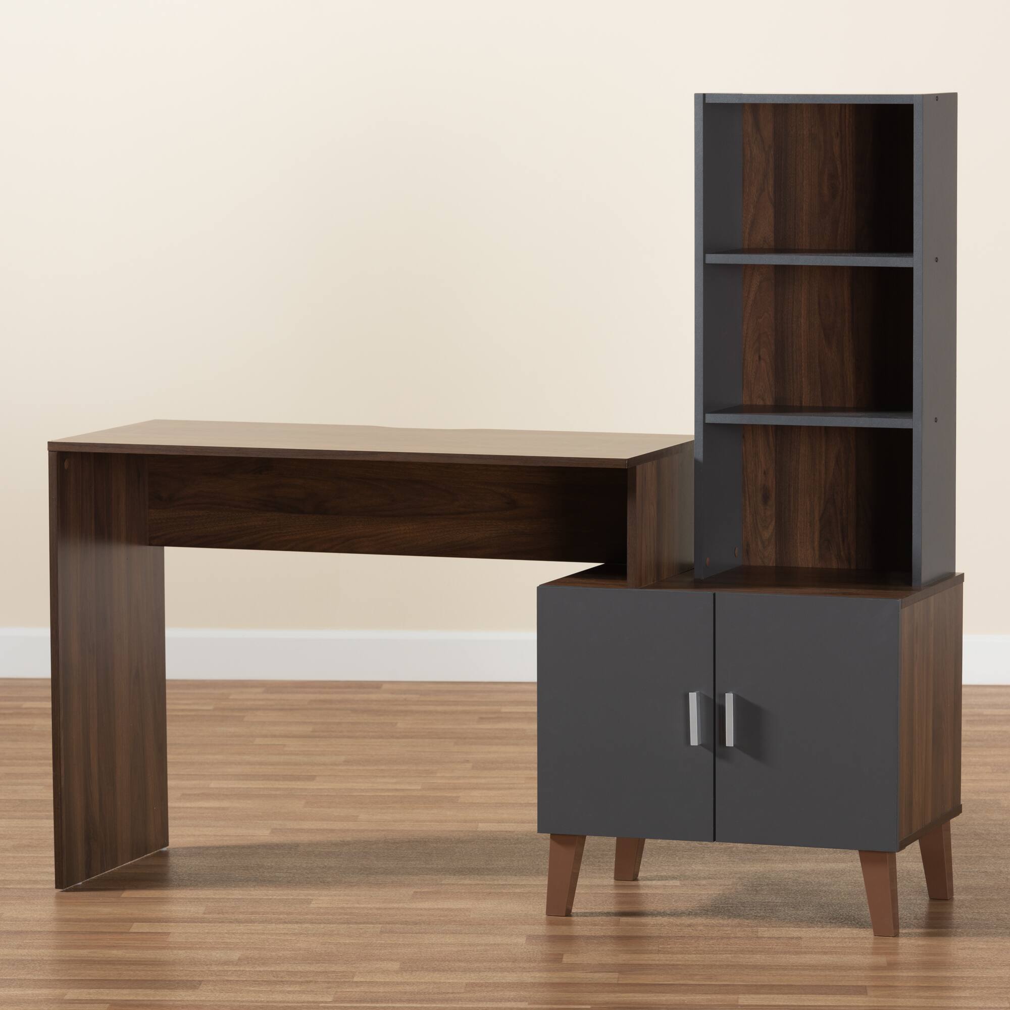 Alt View 4. Baxton Studio - Jaeger Modern and Contemporary Finished Wood Storage Desk with Shelves - Grey/Walnut Brown.