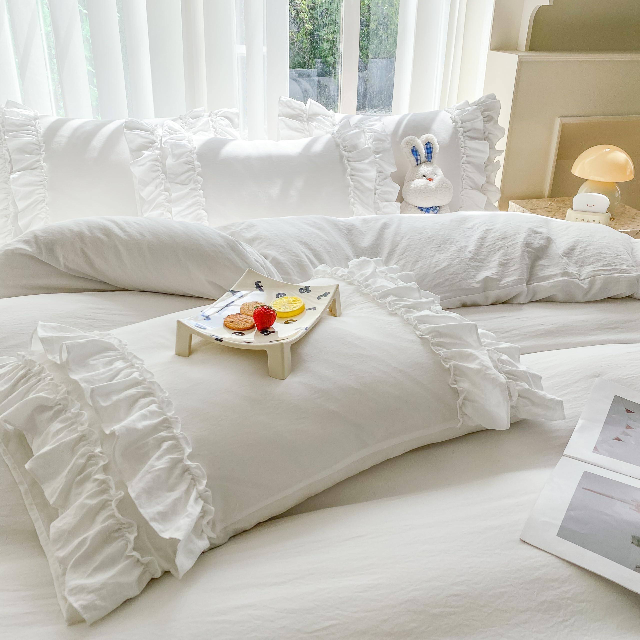 Alt View 6. Earthley Blooms - Shabby Chic 3 Pieces Bedding Vintage Ruffled Full Duvet Cover Set With 2 Layers Ruffles Soft Brushed - Solid White-Queen.