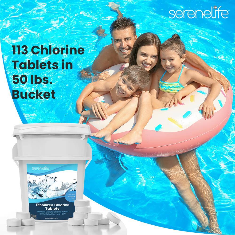 serenelife 113 Chlorine Tablets in 50 lbs. Bucket  
serenelife Stabilized Chlorine Tablets  
Stabilized Granular Chlorine Tablets for Sanitizing Swimming Pools