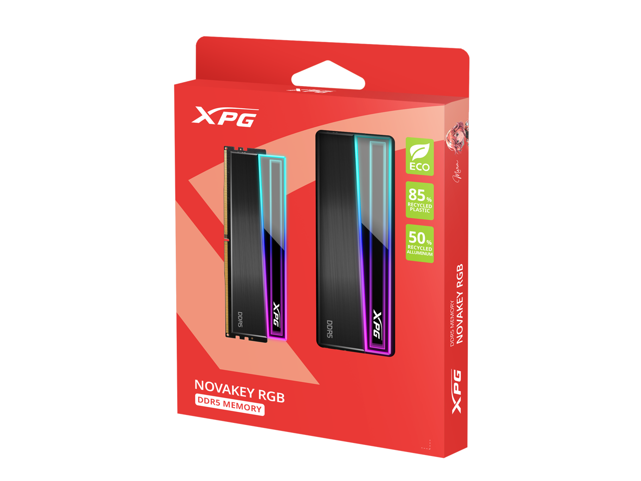 XPG ECO 85% RECYCLED PLASTIC Mera DORS XPG NOVAKEY RGB DDR5 MEMORY DDR5 XPG 50% RECYCLED ALLUMINUM RGB MEMORY NOVAKEY