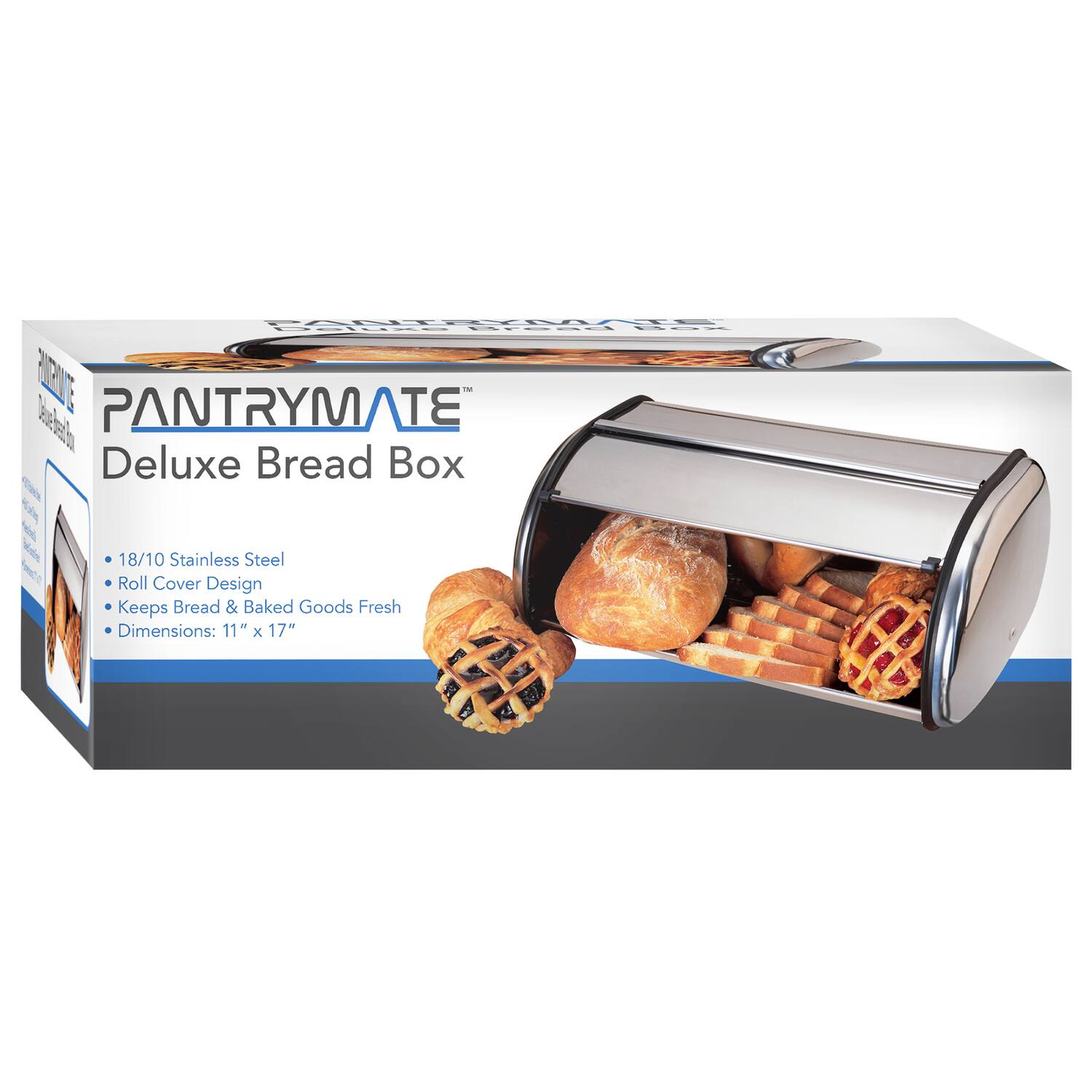 PANTRYMATE Deluxe Bread Box 18/10 Stainless Steel Roll Cover Design Keeps Bread & Baked Goods Fresh Dimensions: 11" x 17"