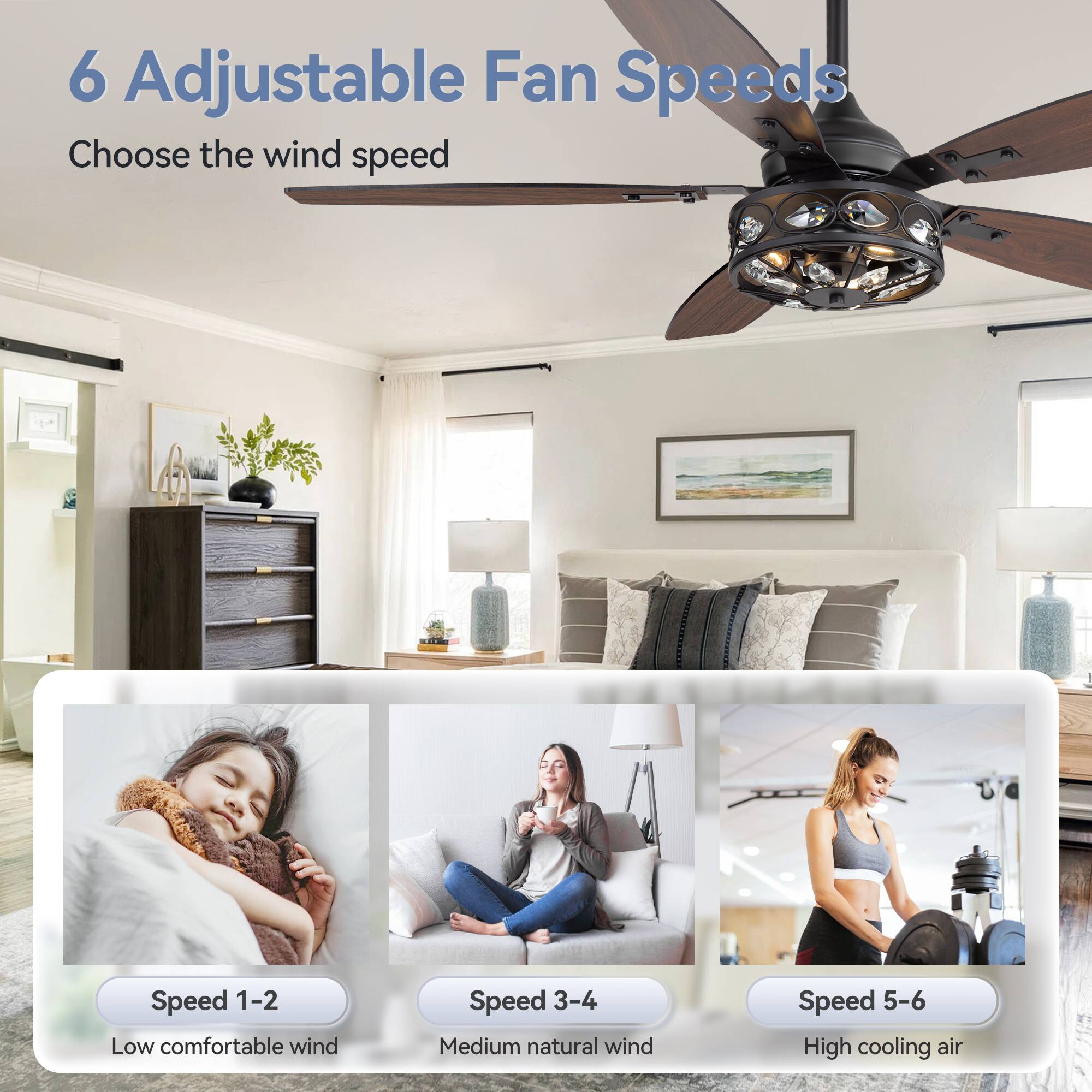 6 Adjustable Fan Speeds

Choose the wind speed

Speed 1-2 Low comfortable wind

Speed 3-4 Medium natural wind

Speed 5-6 High cooling air