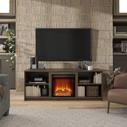 Front. Chateau Abodes - 60" Modern Fireplace TV Stand with 18" Electric Fireplace for TVs up to 65" - Walnut.