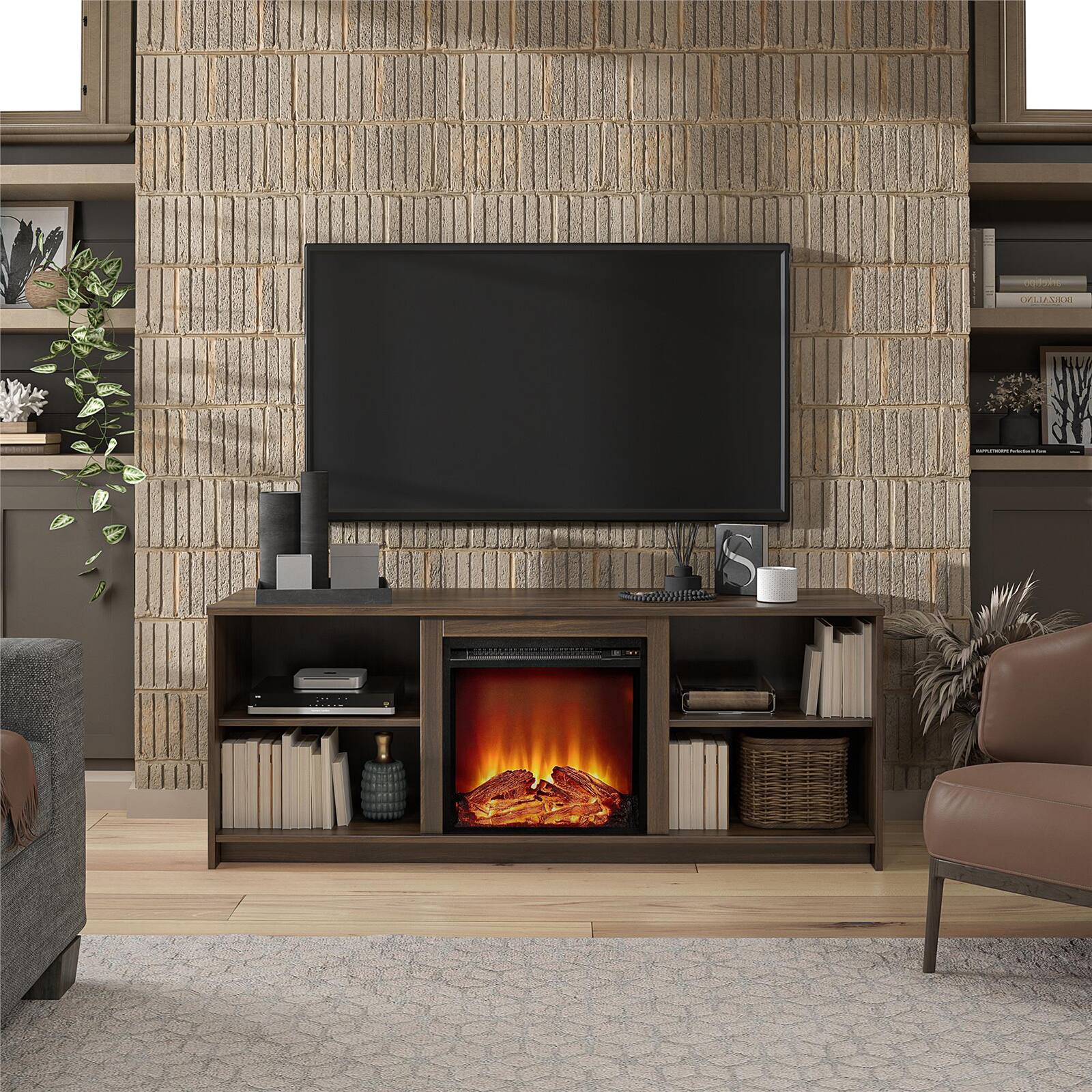 Front. Chateau Abodes - 60" Modern Fireplace TV Stand with 18" Electric Fireplace for TVs up to 65" - Walnut.