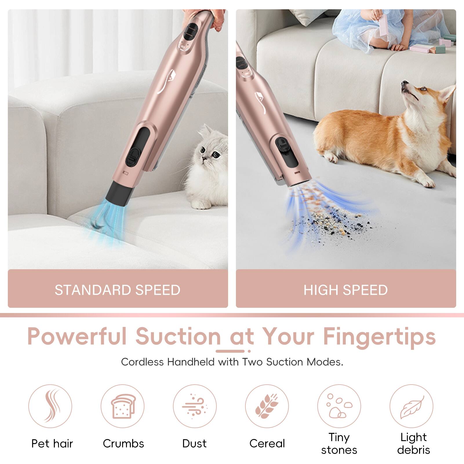 **Powerful Suction at Your Fingertips**

Cordless Handheld with Two Suction Modes.

- STANDARD SPEED
- HIGH SPEED

**Pet hair**
**Crumbs**
**Dust**
**Cereal**
**Tiny stones**
**Light debris**