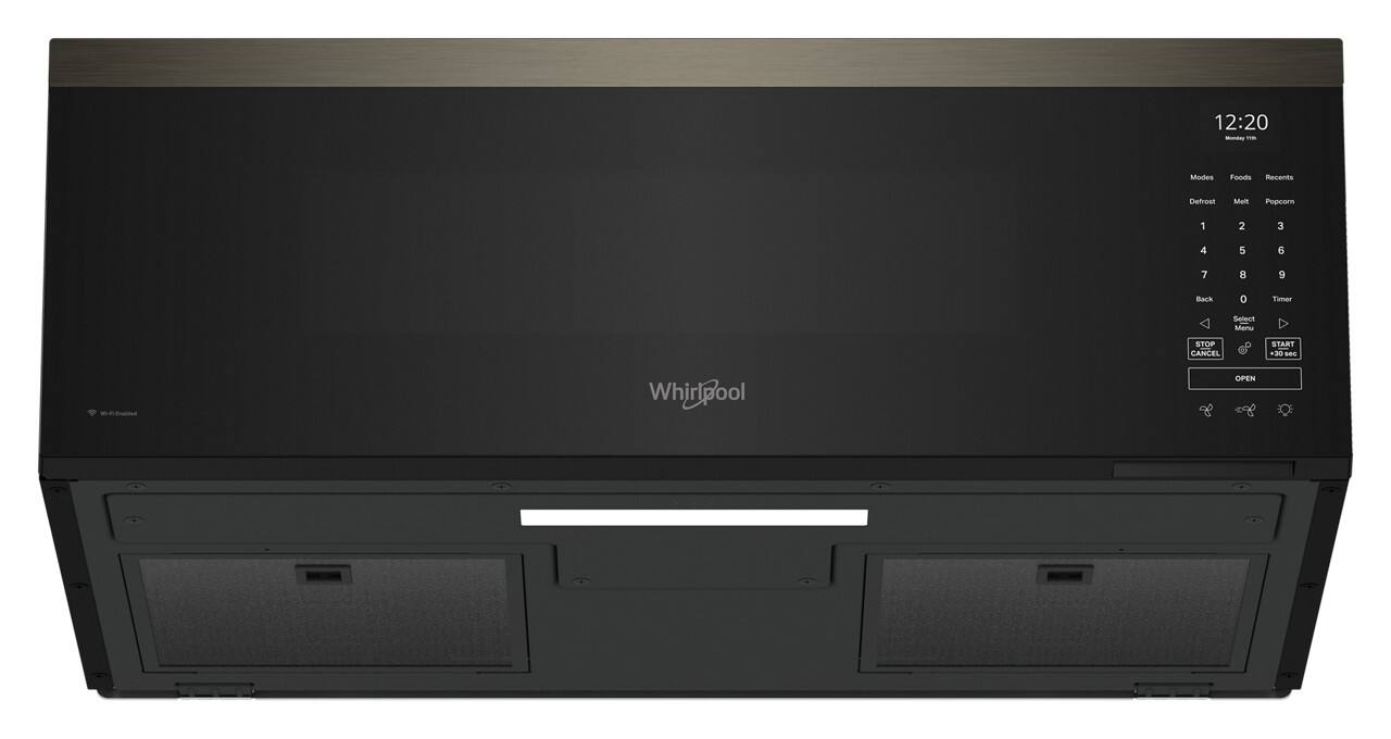 12:20 - 1 Mides Foods Recents Defrost Meil Popcorn 1 2 3 4 5 6 7 8 9 Back 0 Timer Select Menu STOP CANCEL START +0 see Whirlpool Whirlpool OPEN