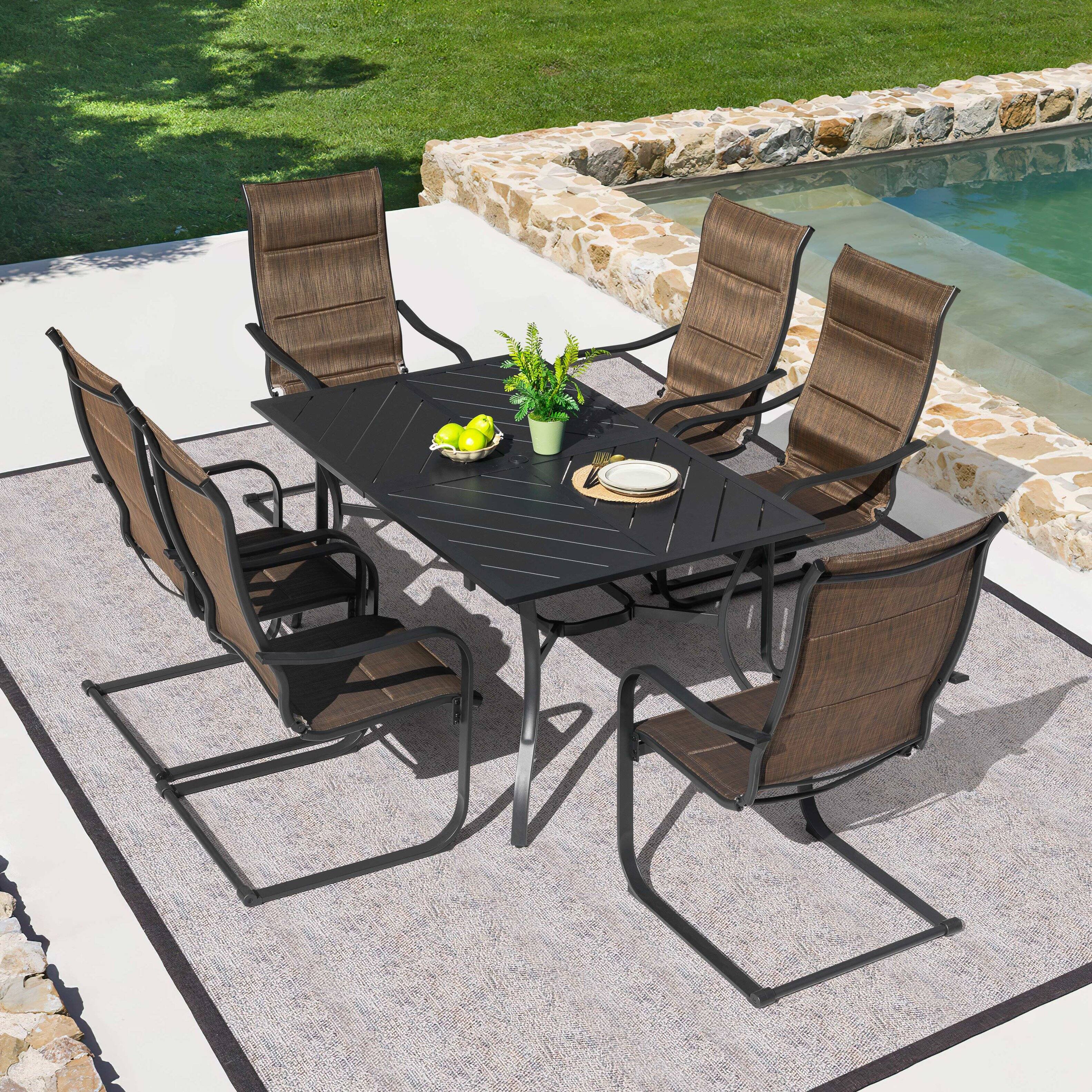 Nuu Garden 7 Piece Metal Padded Textilene Patio Dining Set with ...