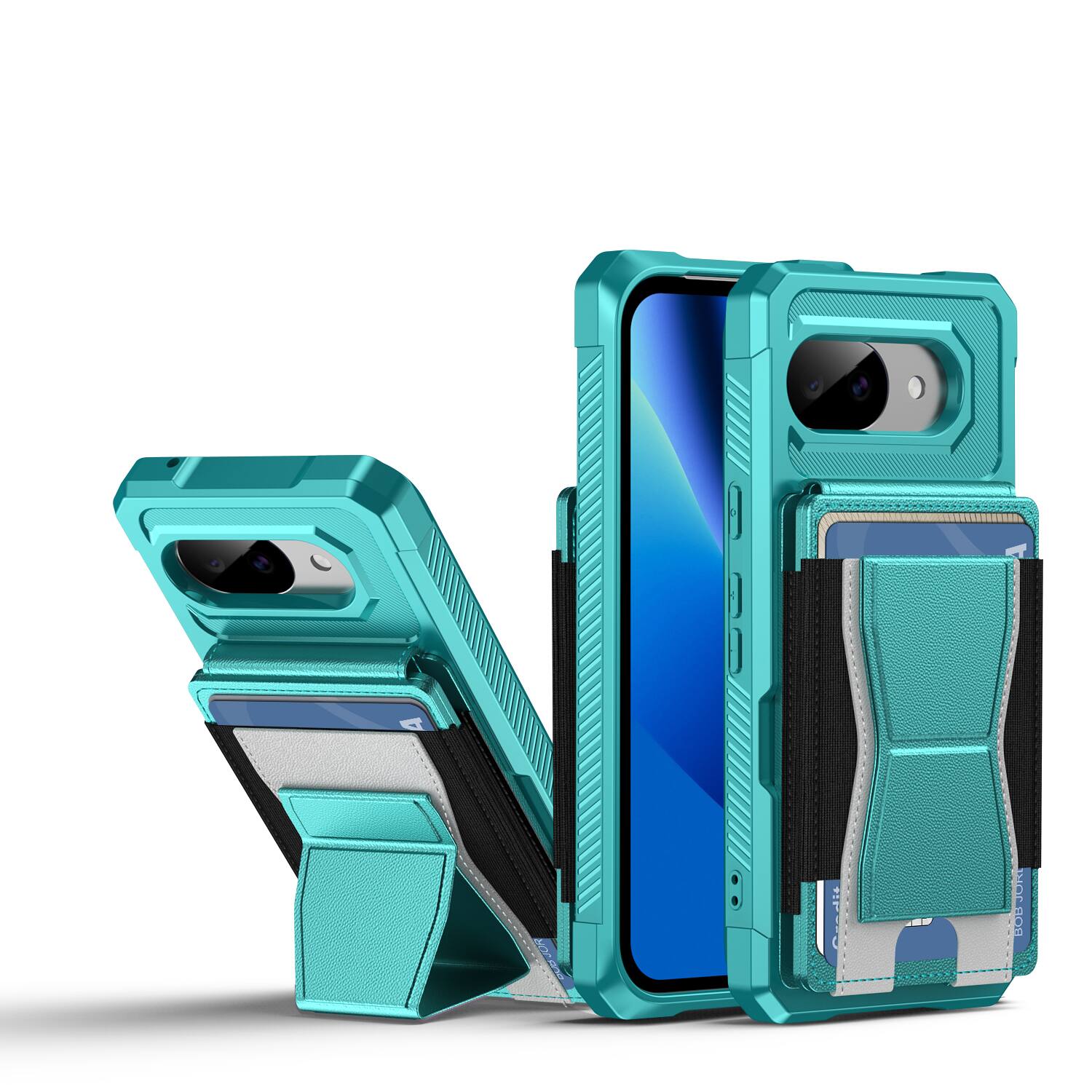 Angle. Dteck - Rugged Wallet Case for Google Pixel 10a, Shockproof Protective Cover with Elastic Card Holder and Kickstand - Green.